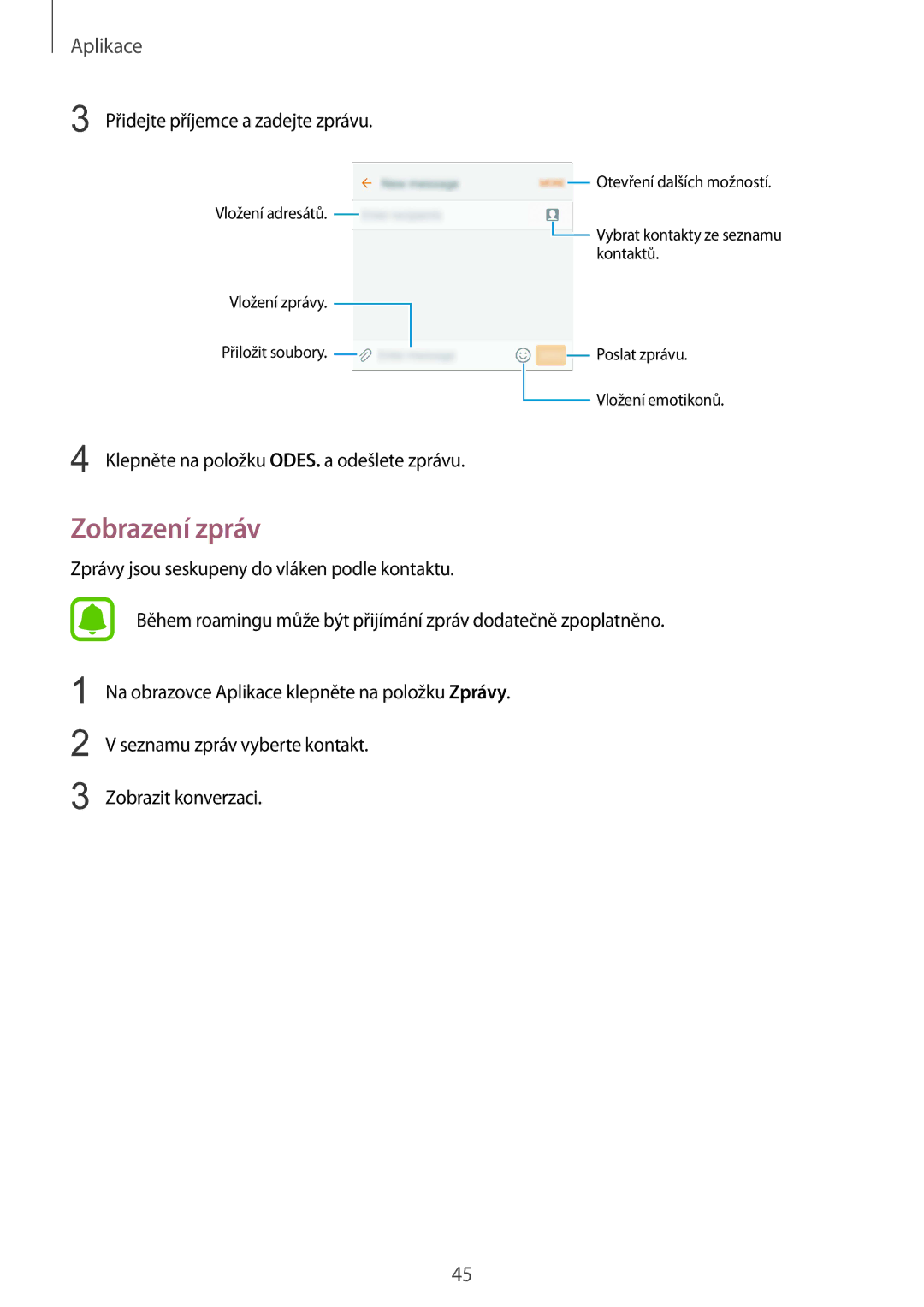 Samsung SM-A310FZKAO2C manual Zobrazení zpráv, Přidejte příjemce a zadejte zprávu 