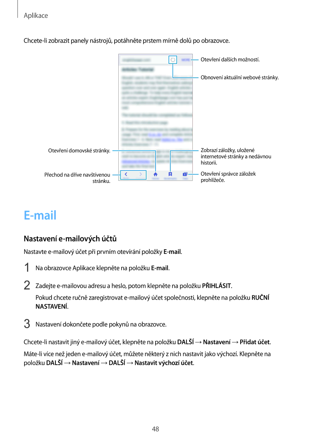 Samsung SM-A310FZKAO2C manual Mail, Nastavení e-mailových účtů 