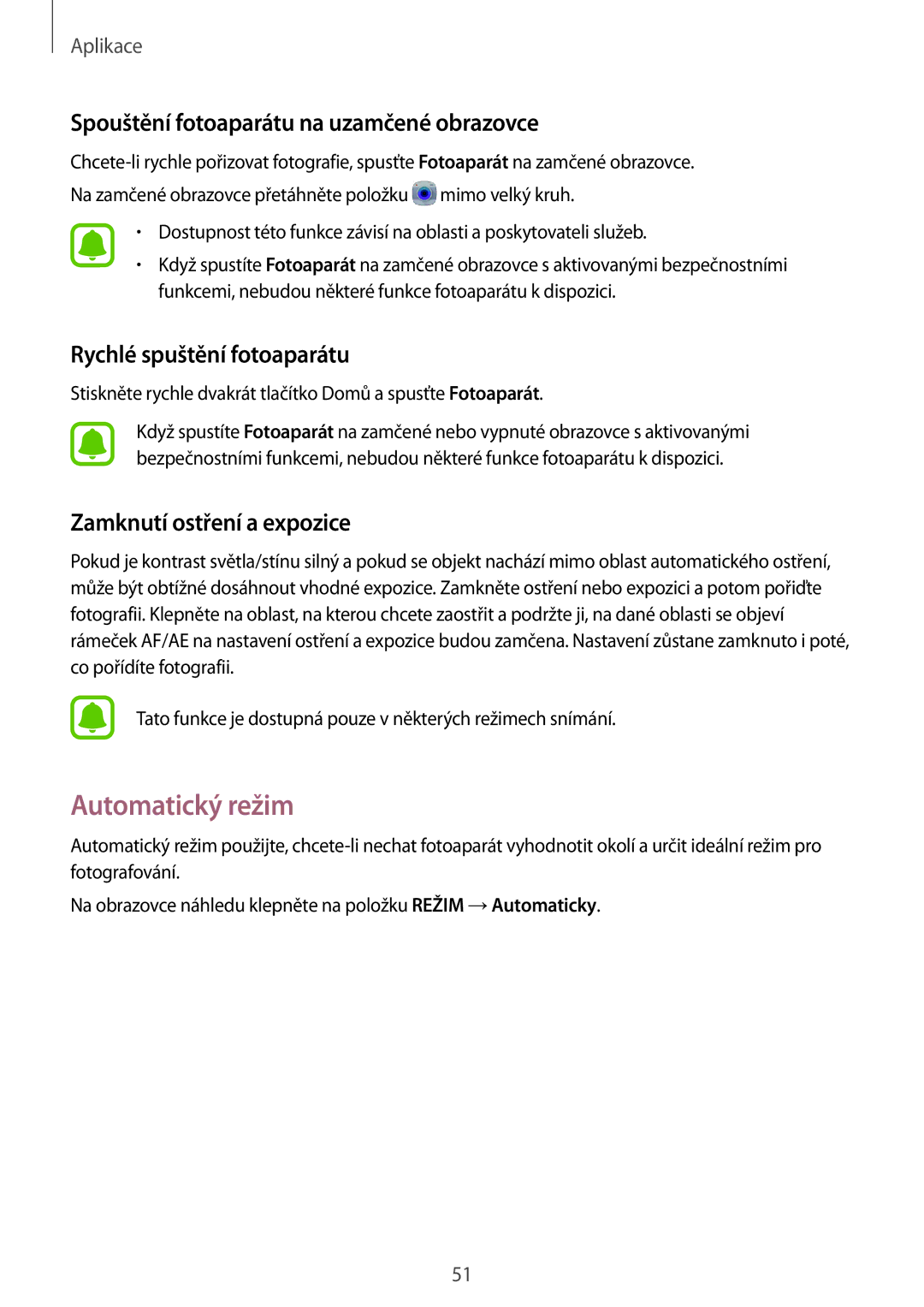 Samsung SM-A310FZKAO2C manual Automatický režim, Spouštění fotoaparátu na uzamčené obrazovce, Rychlé spuštění fotoaparátu 