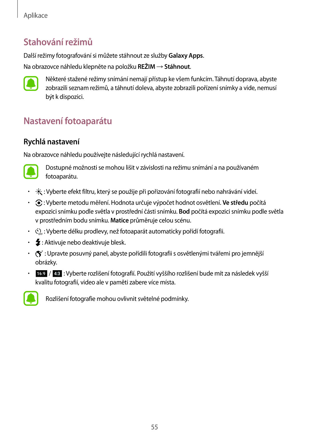 Samsung SM-A310FZKAO2C manual Stahování režimů, Nastavení fotoaparátu, Rychlá nastavení 