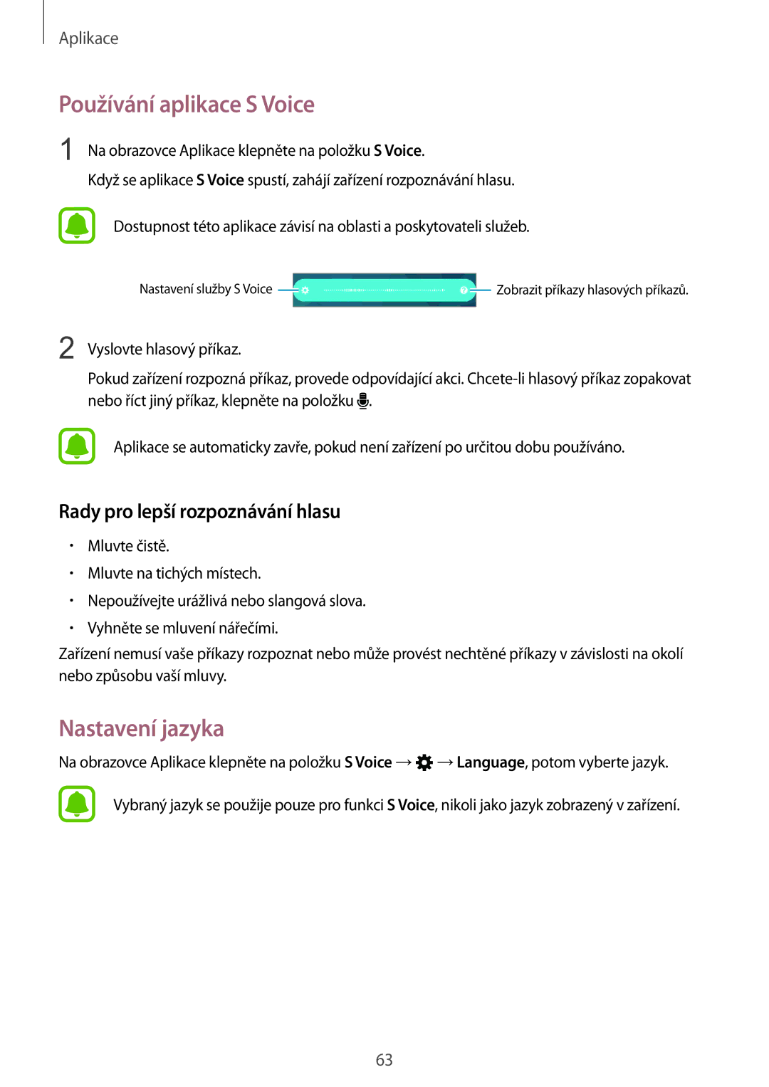 Samsung SM-A310FZKAO2C manual Používání aplikace S Voice, Nastavení jazyka, Rady pro lepší rozpoznávání hlasu 