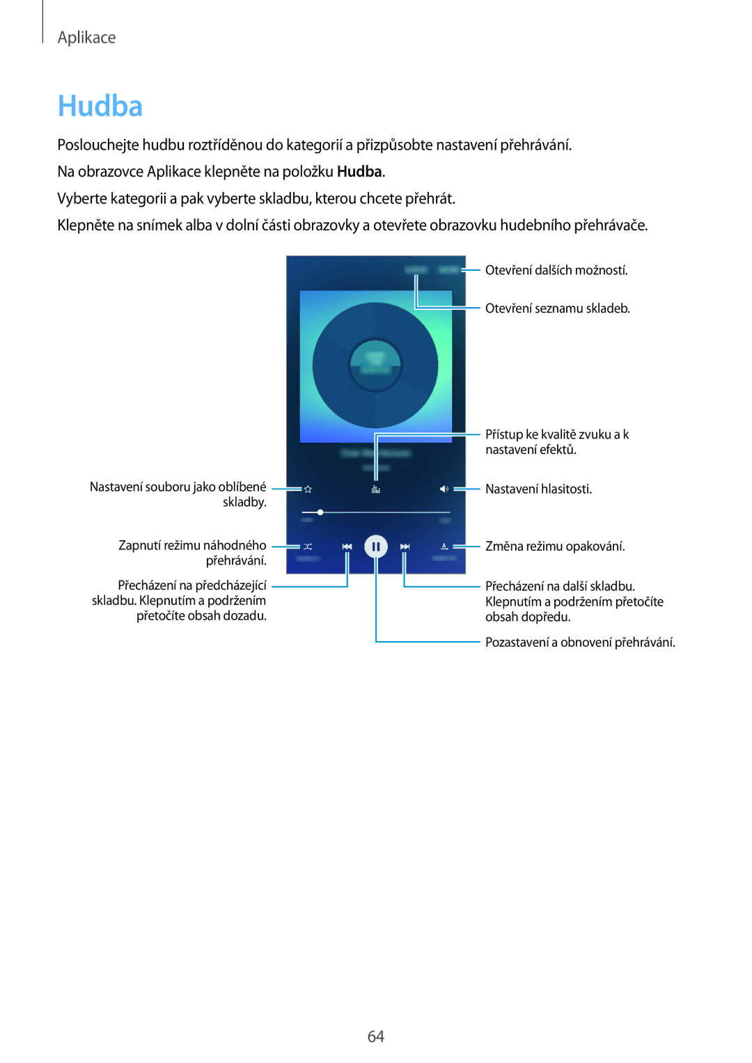 Samsung SM-A310FZKAO2C manual Hudba, Nastavení souboru jako oblíbené skladby 