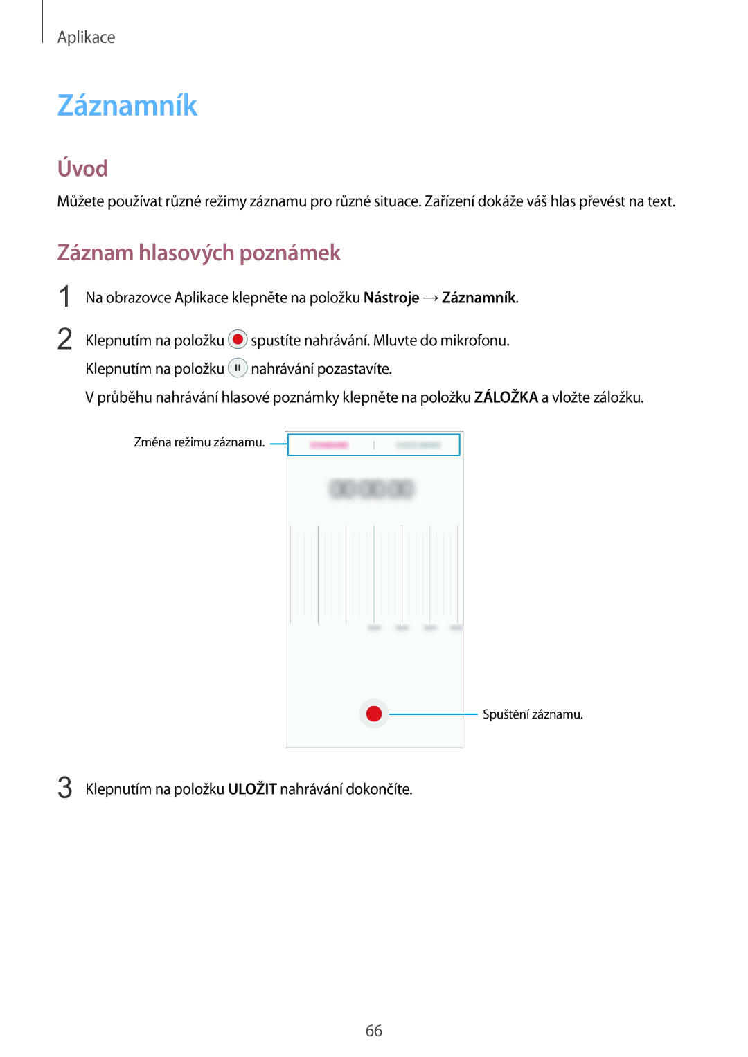 Samsung SM-A310FZKAO2C manual Záznamník, Záznam hlasových poznámek 