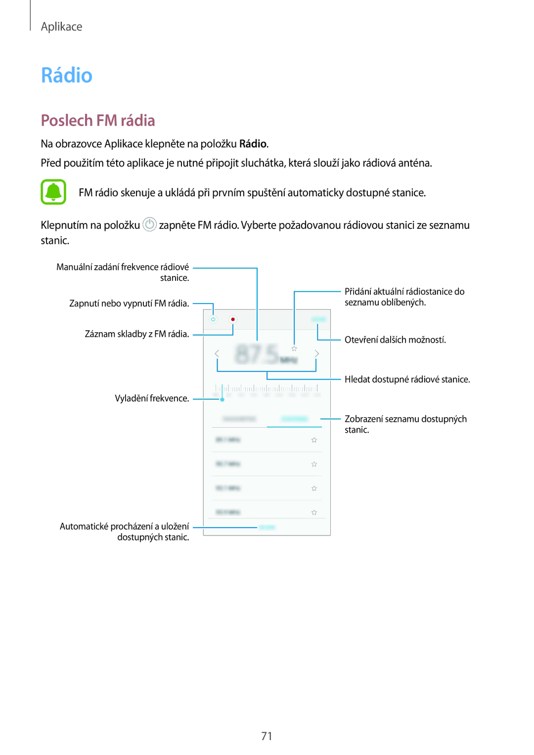 Samsung SM-A310FZKAO2C manual Rádio, Poslech FM rádia 