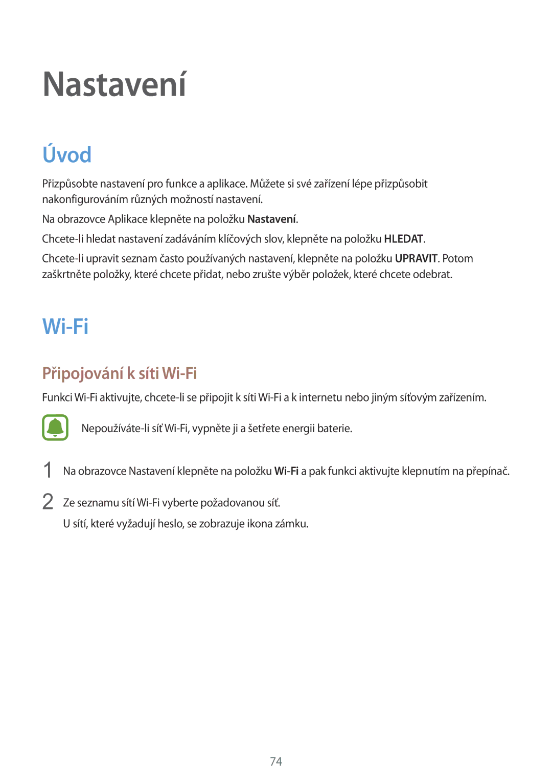 Samsung SM-A310FZKAO2C manual Úvod, Připojování k síti Wi-Fi 