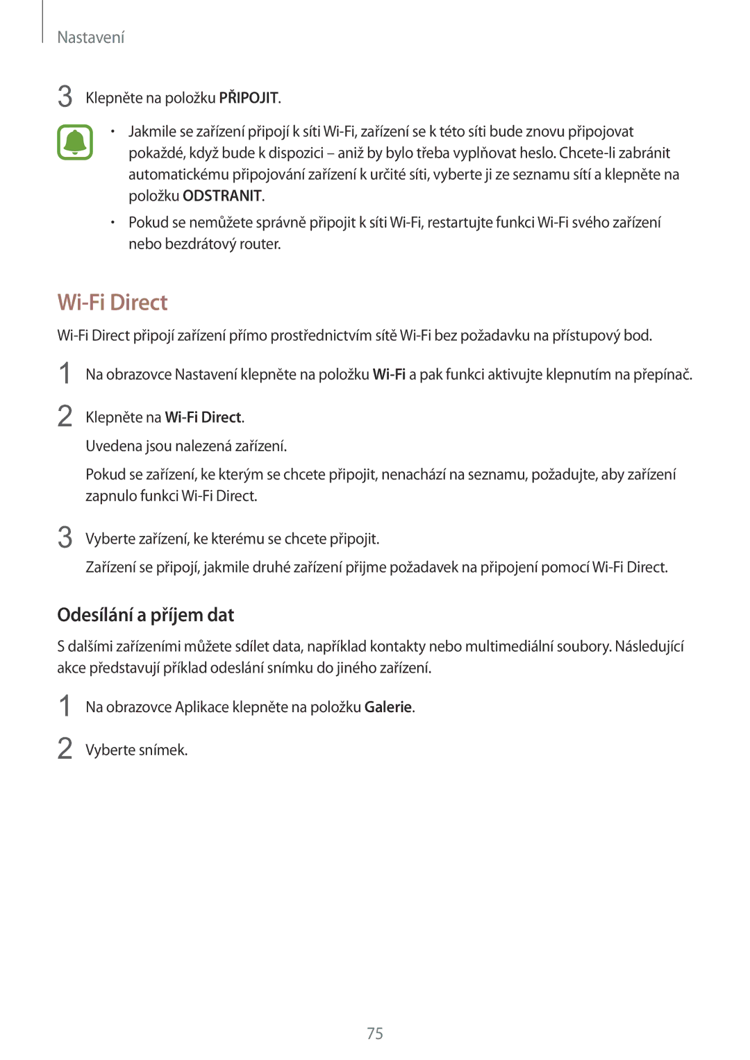 Samsung SM-A310FZKAO2C manual Wi-Fi Direct, Odesílání a příjem dat 