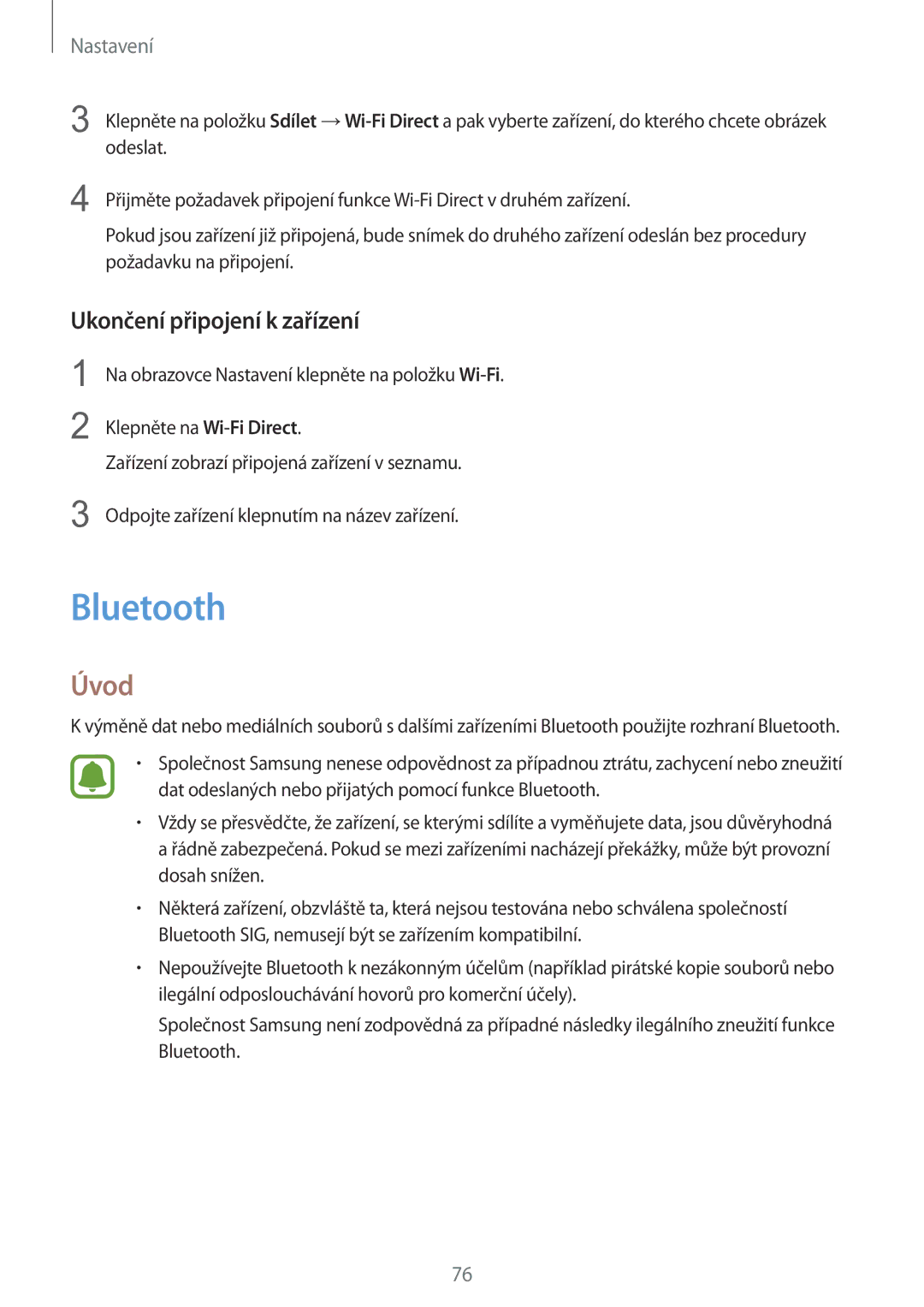 Samsung SM-A310FZKAO2C manual Bluetooth, Ukončení připojení k zařízení 