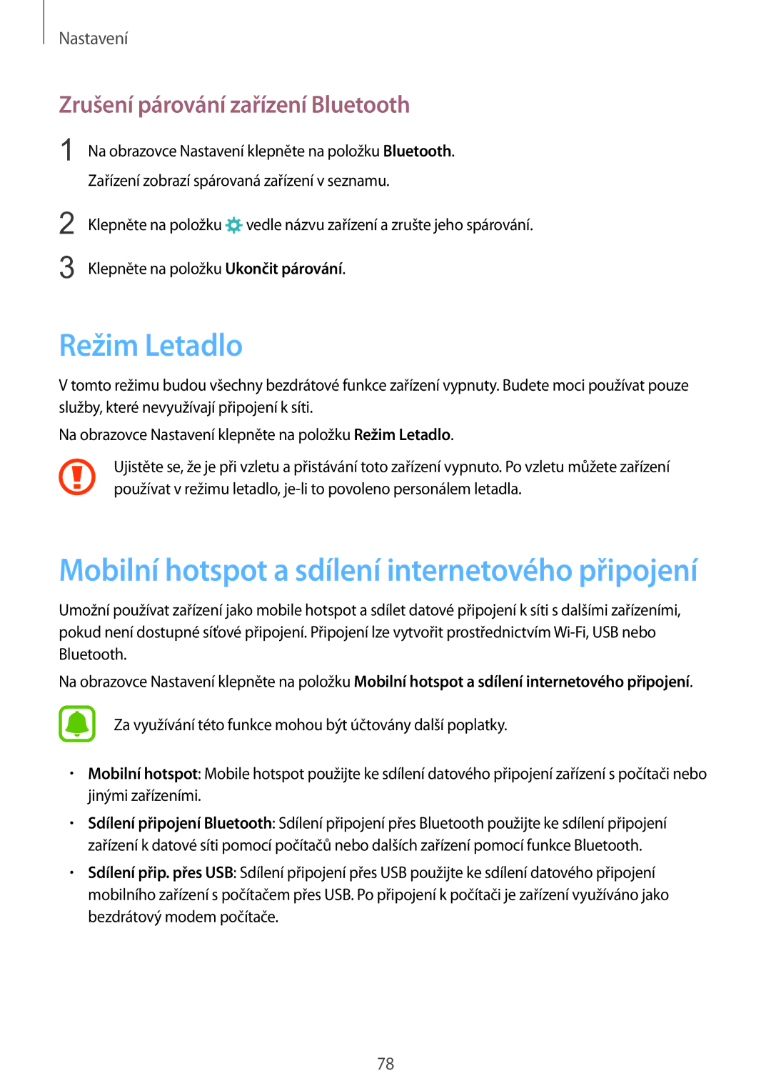 Samsung SM-A310FZKAO2C manual Režim Letadlo, Zrušení párování zařízení Bluetooth 