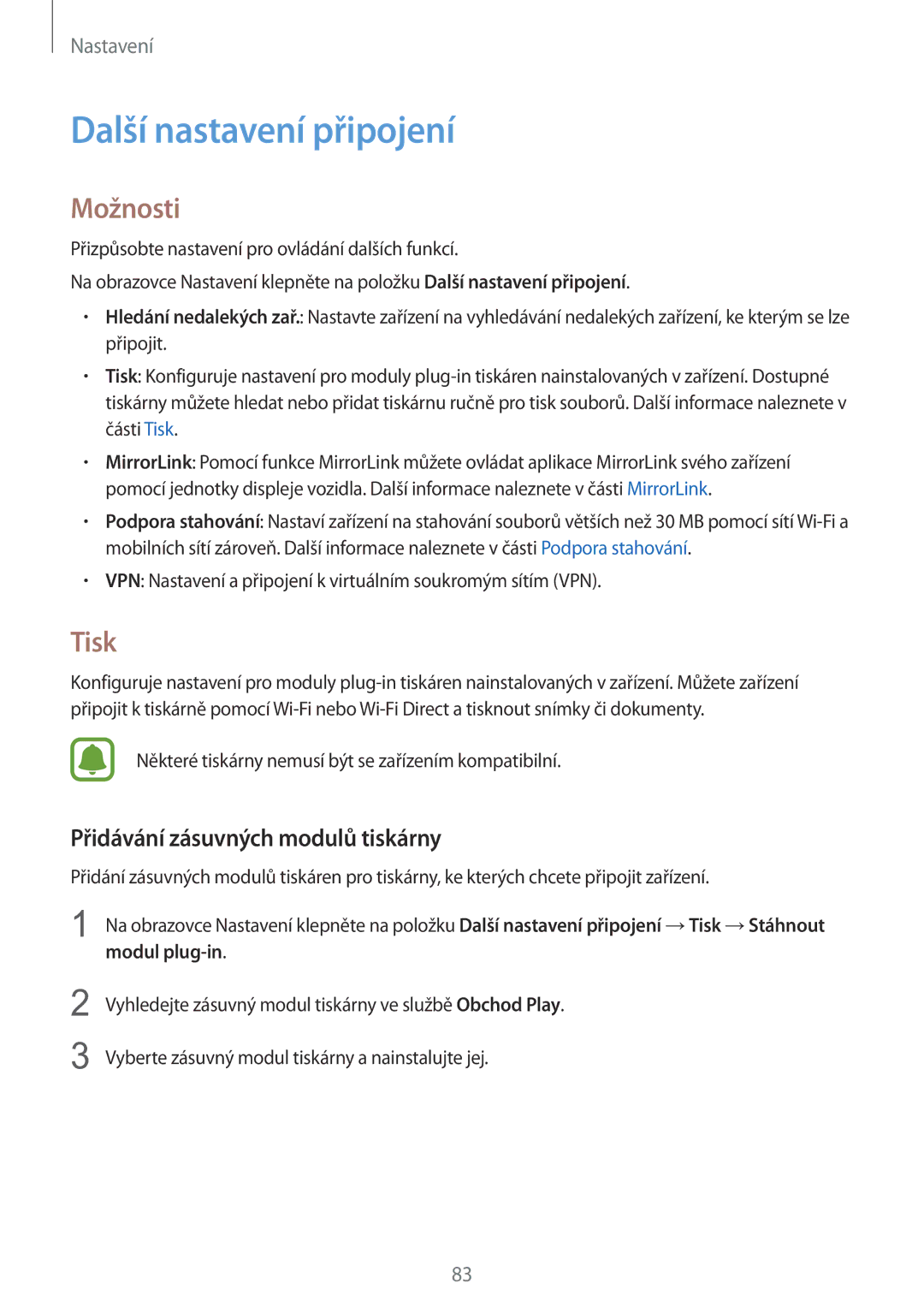 Samsung SM-A310FZKAO2C manual Další nastavení připojení, Možnosti, Tisk, Přidávání zásuvných modulů tiskárny 