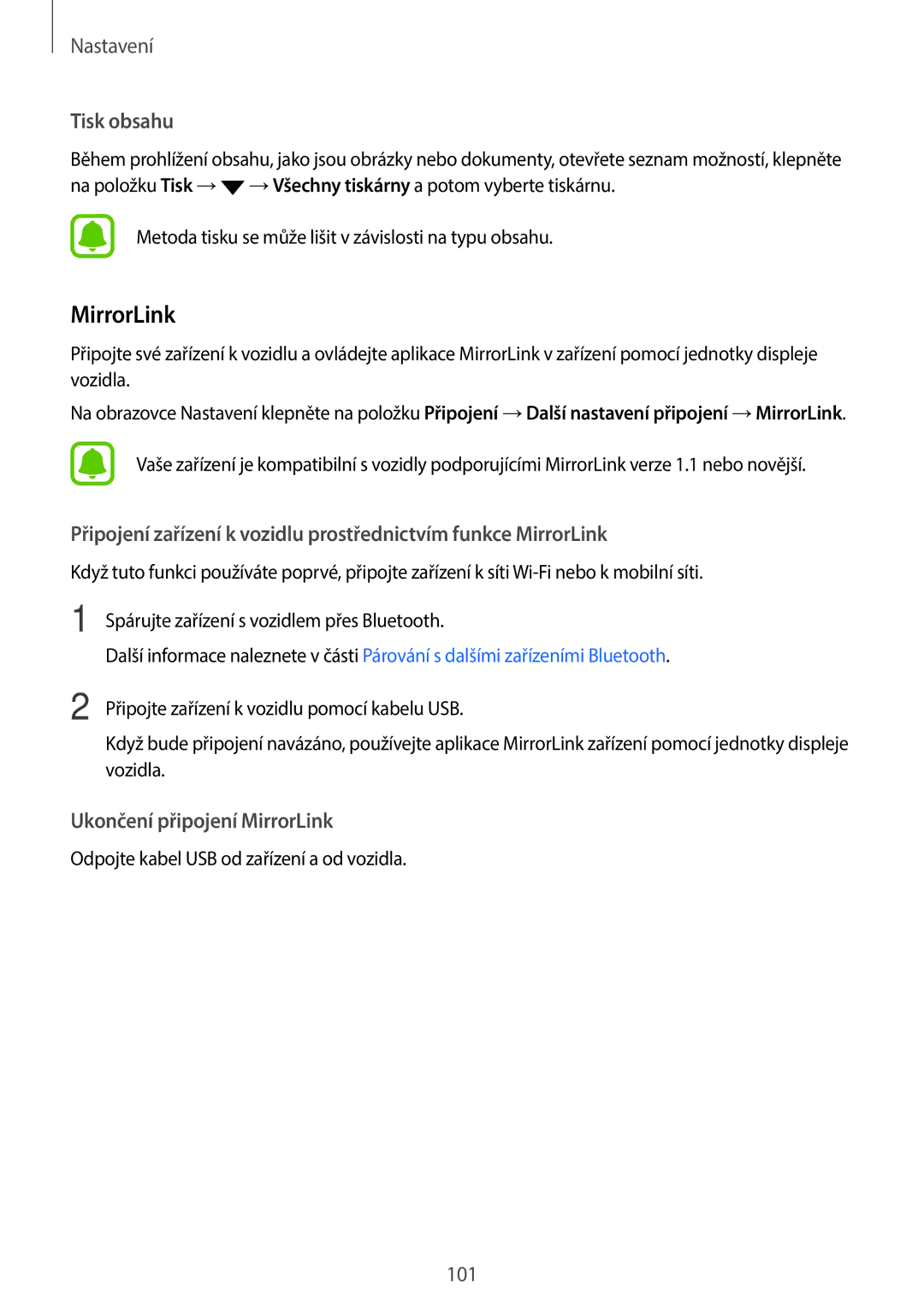 Samsung SM-A310FZKAO2C manual MirrorLink, Tisk obsahu 