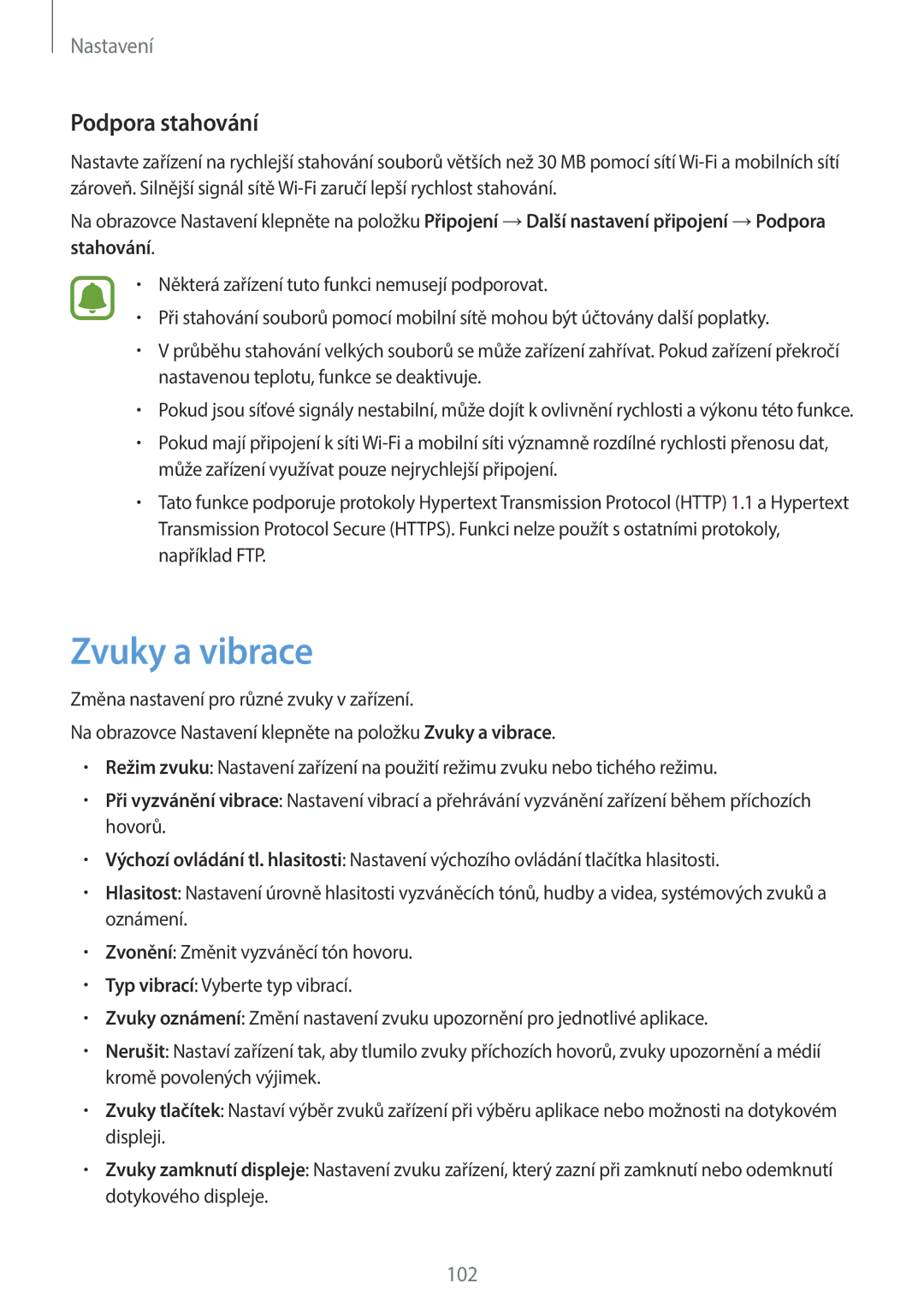 Samsung SM-A310FZKAO2C manual Zvuky a vibrace, Podpora stahování 