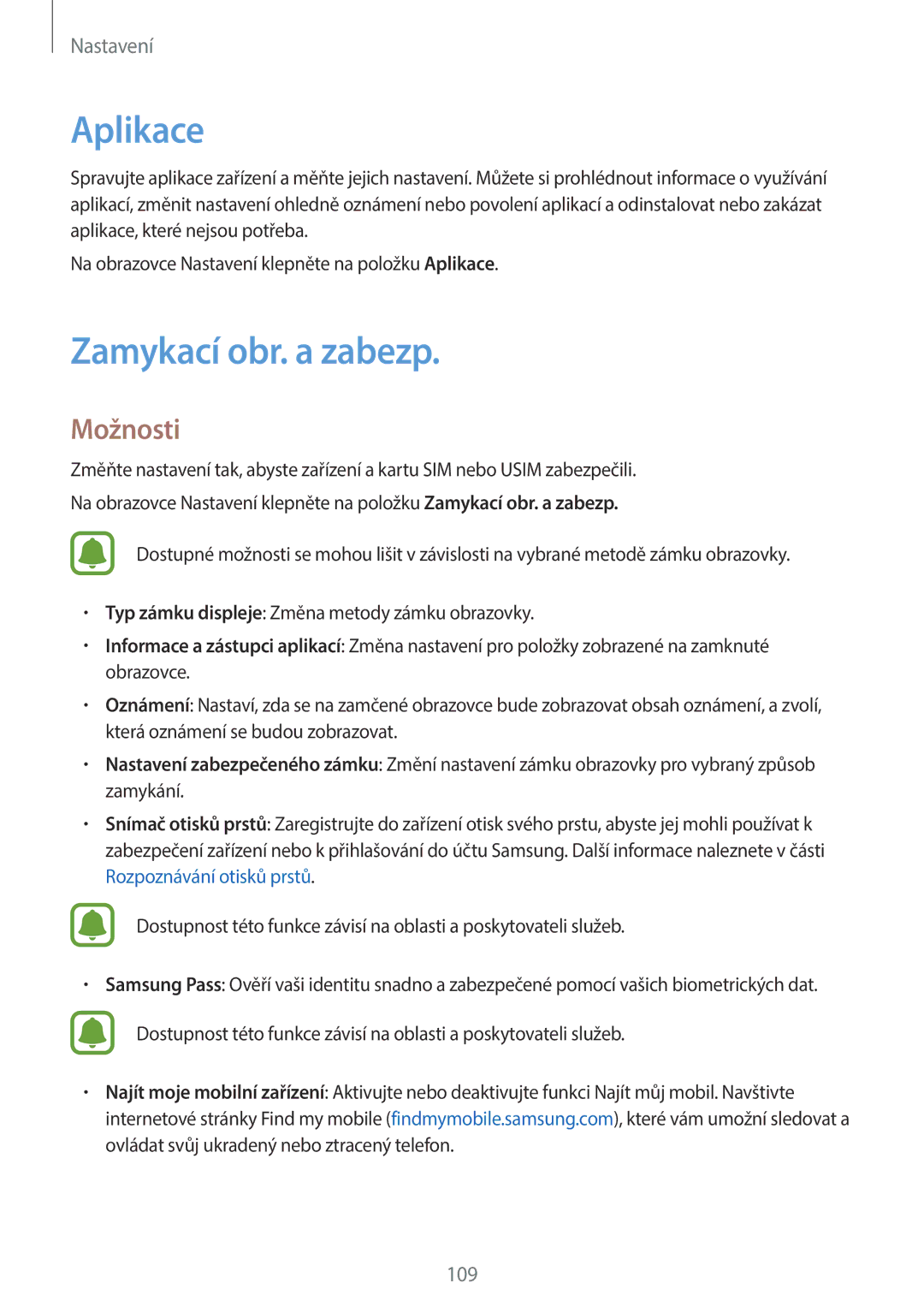 Samsung SM-A310FZKAO2C manual Aplikace, Zamykací obr. a zabezp 