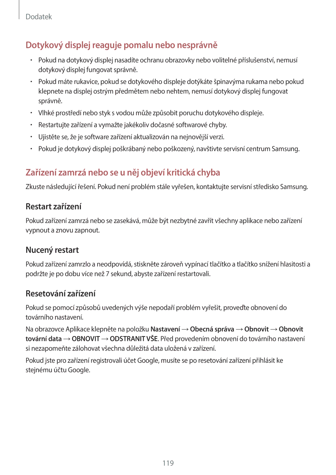 Samsung SM-A310FZKAO2C manual Nucený restart, Resetování zařízení 