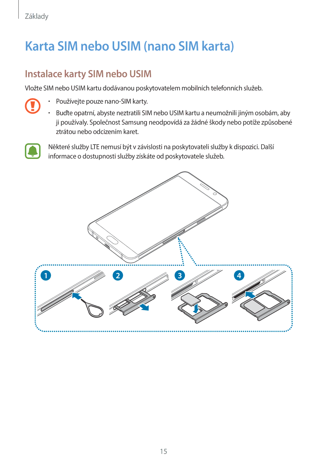 Samsung SM-A310FZKAO2C manual Karta SIM nebo Usim nano SIM karta, Instalace karty SIM nebo Usim 