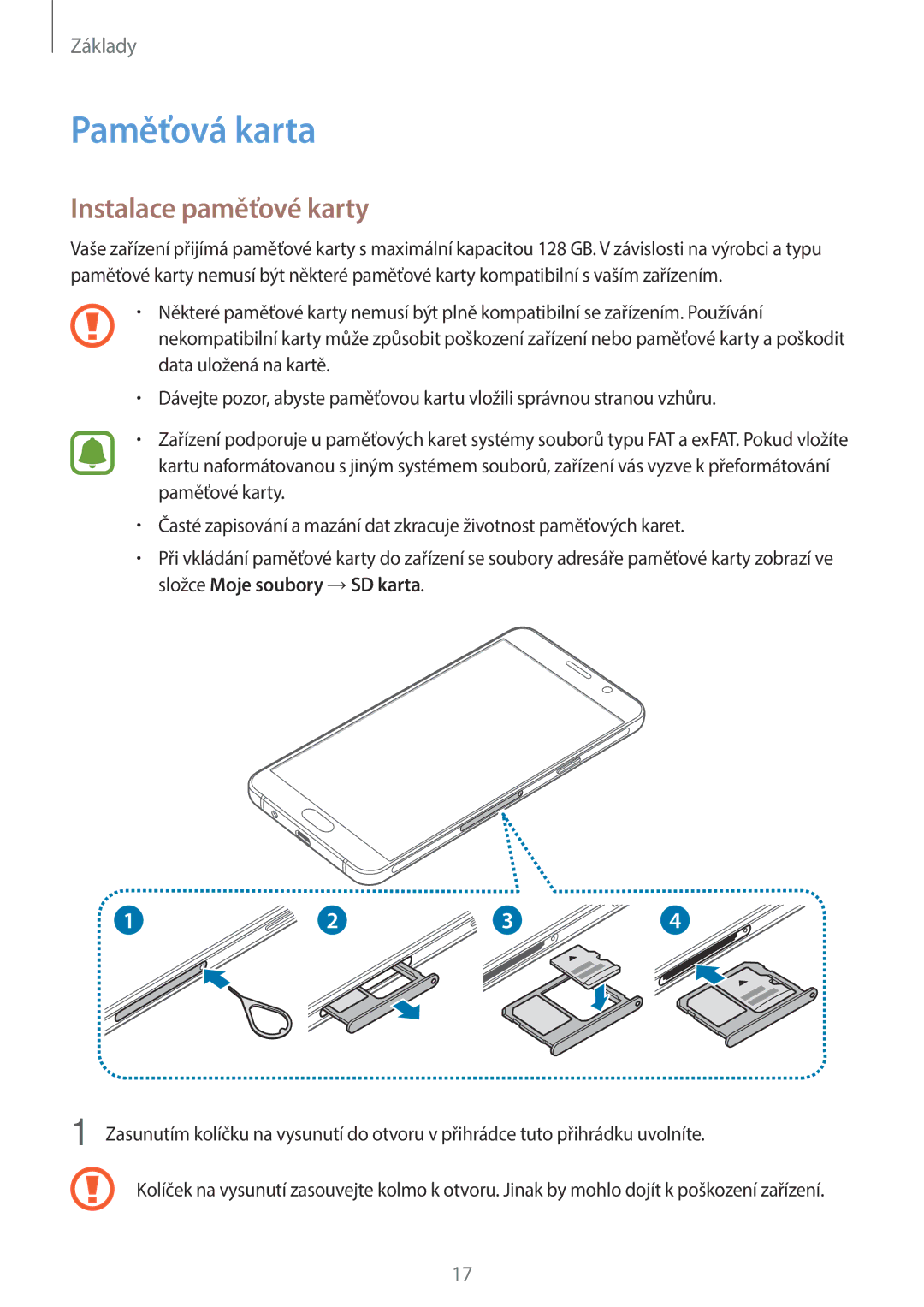 Samsung SM-A310FZKAO2C manual Paměťová karta, Instalace paměťové karty 