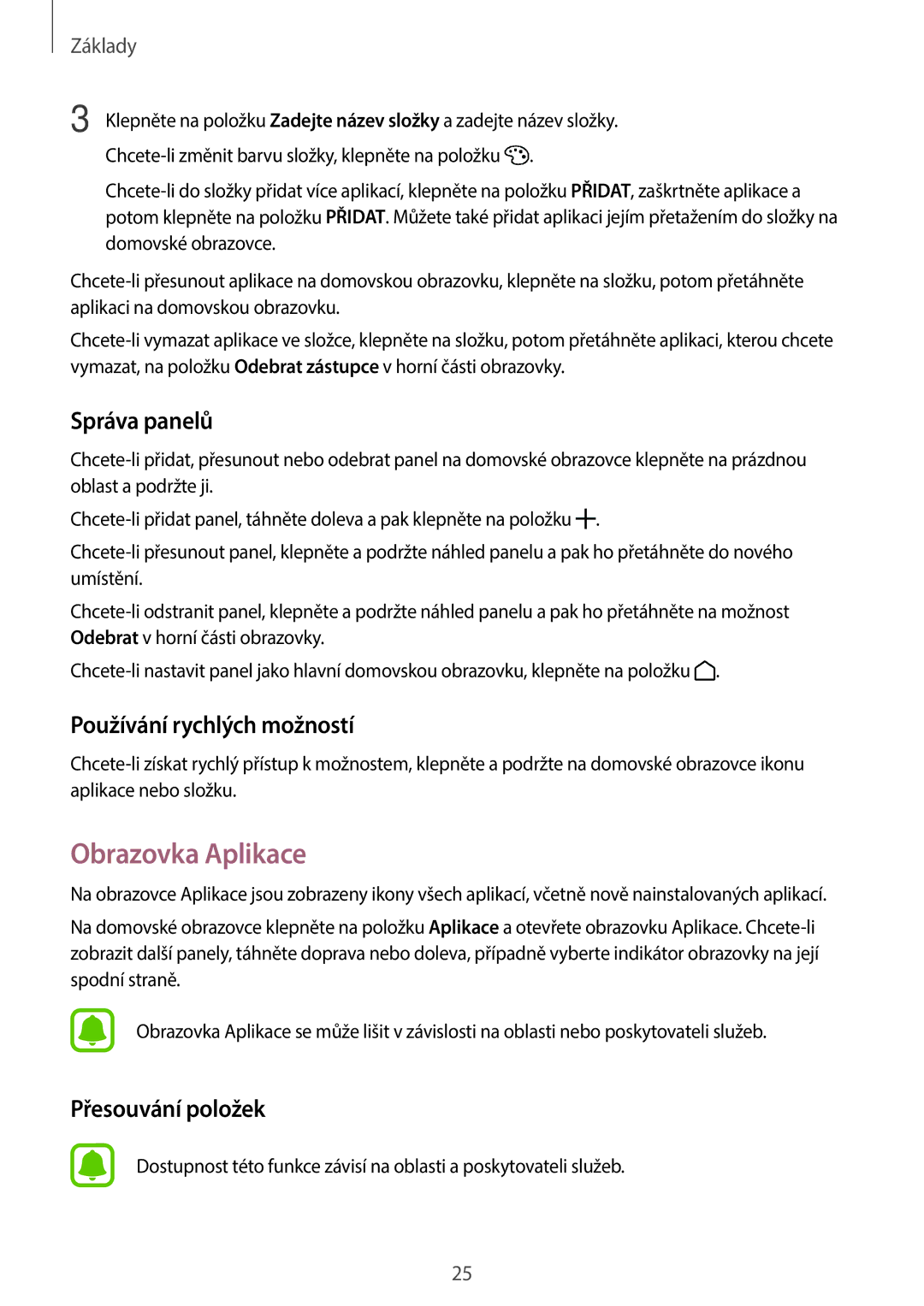 Samsung SM-A310FZKAO2C manual Obrazovka Aplikace, Správa panelů, Používání rychlých možností 