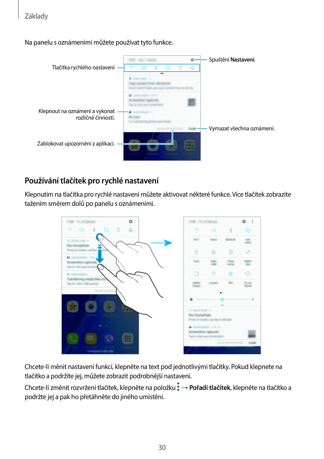 Samsung SM-A310FZKAO2C manual Používání tlačítek pro rychlé nastavení, Na panelu s oznámeními můžete používat tyto funkce 