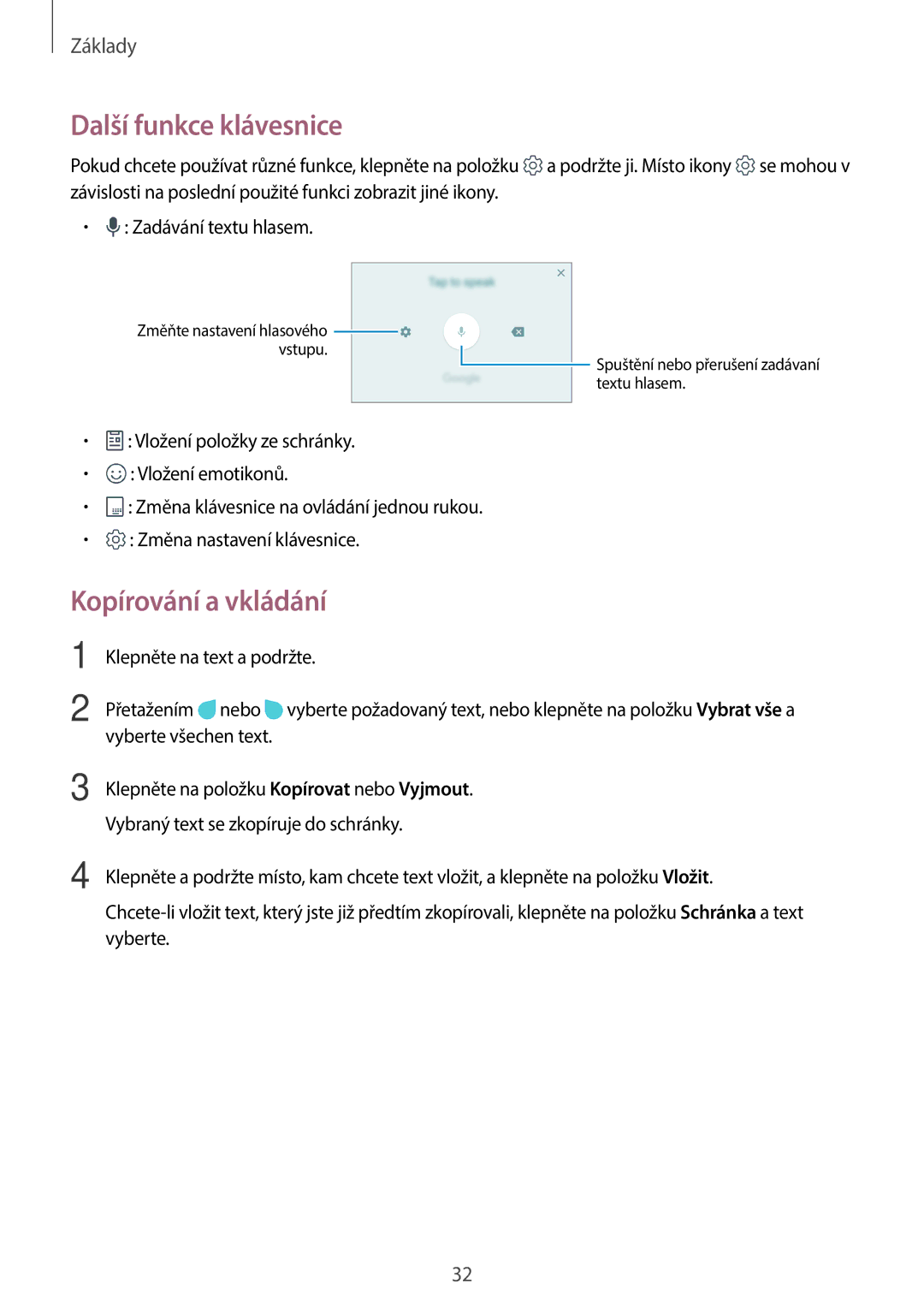 Samsung SM-A310FZKAO2C manual Další funkce klávesnice, Kopírování a vkládání 