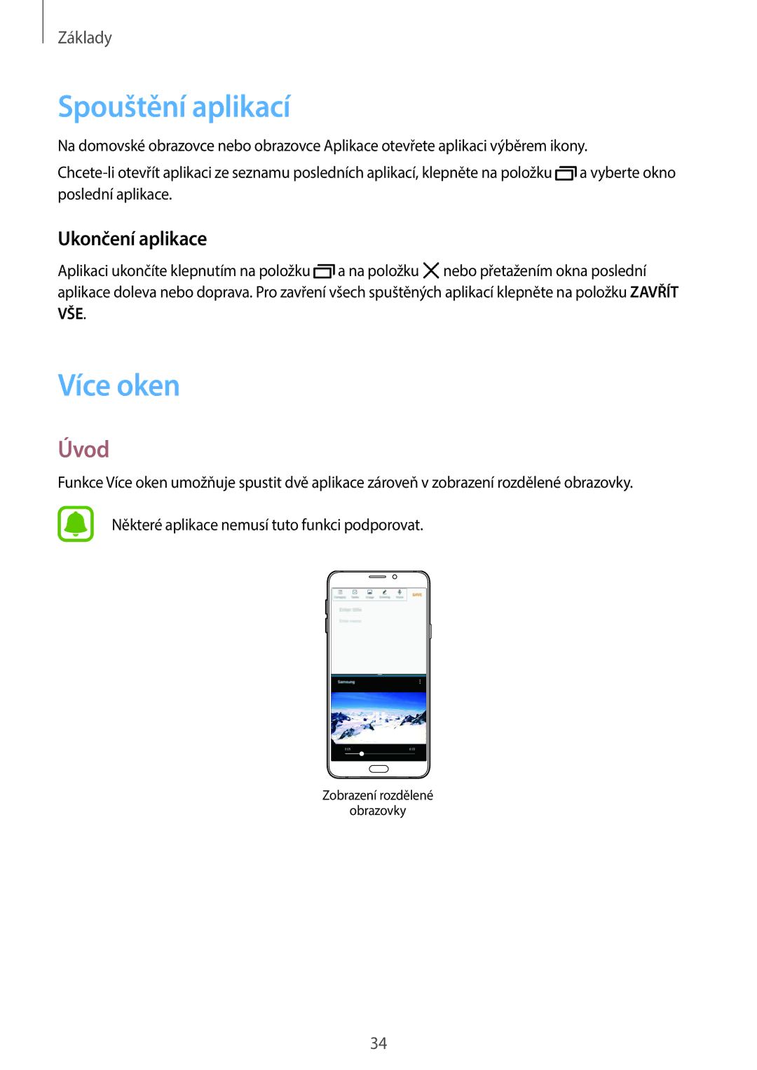 Samsung SM-A310FZKAO2C manual Spouštění aplikací, Více oken, Úvod, Ukončení aplikace 