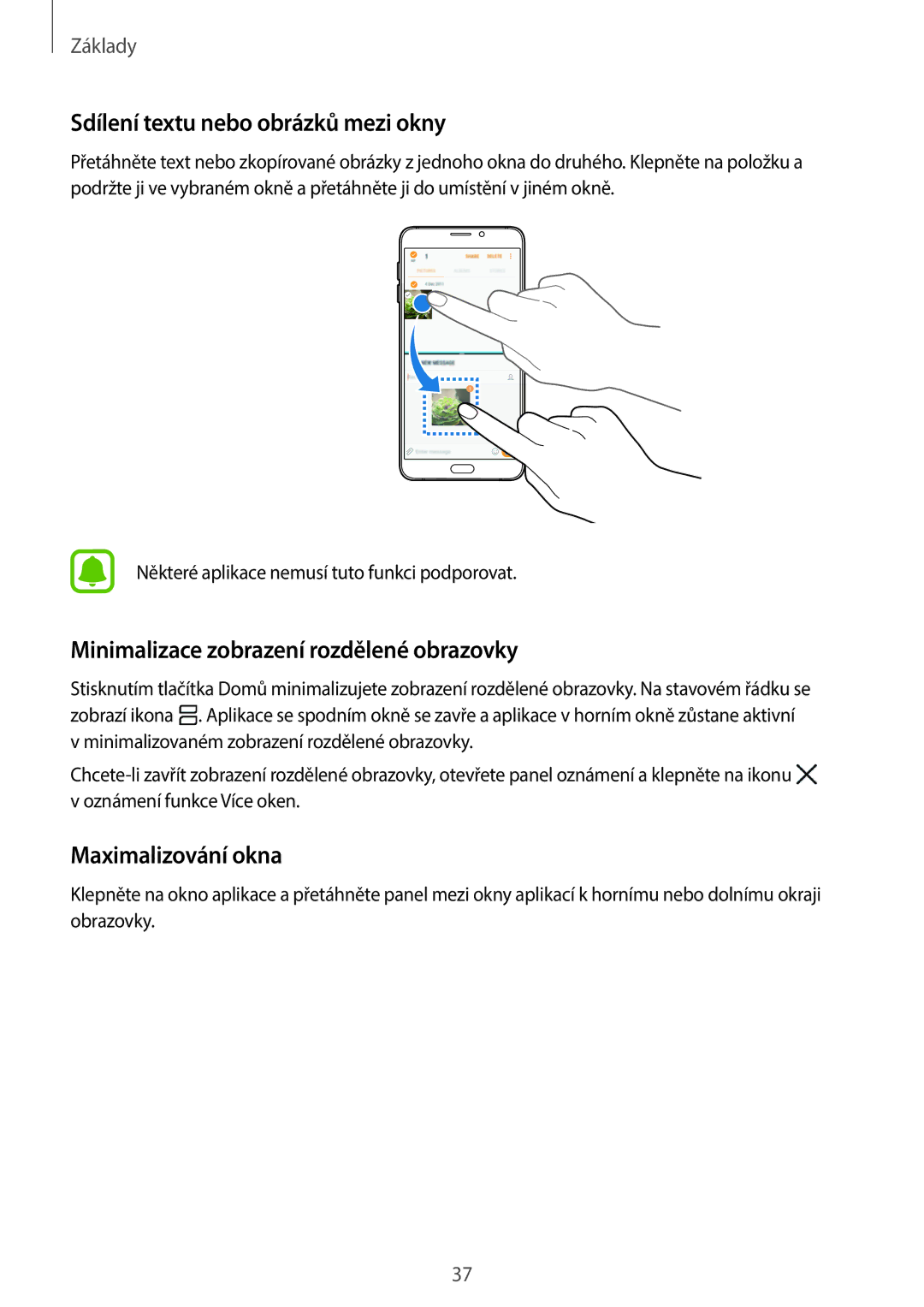 Samsung SM-A310FZKAO2C manual Sdílení textu nebo obrázků mezi okny, Minimalizace zobrazení rozdělené obrazovky 