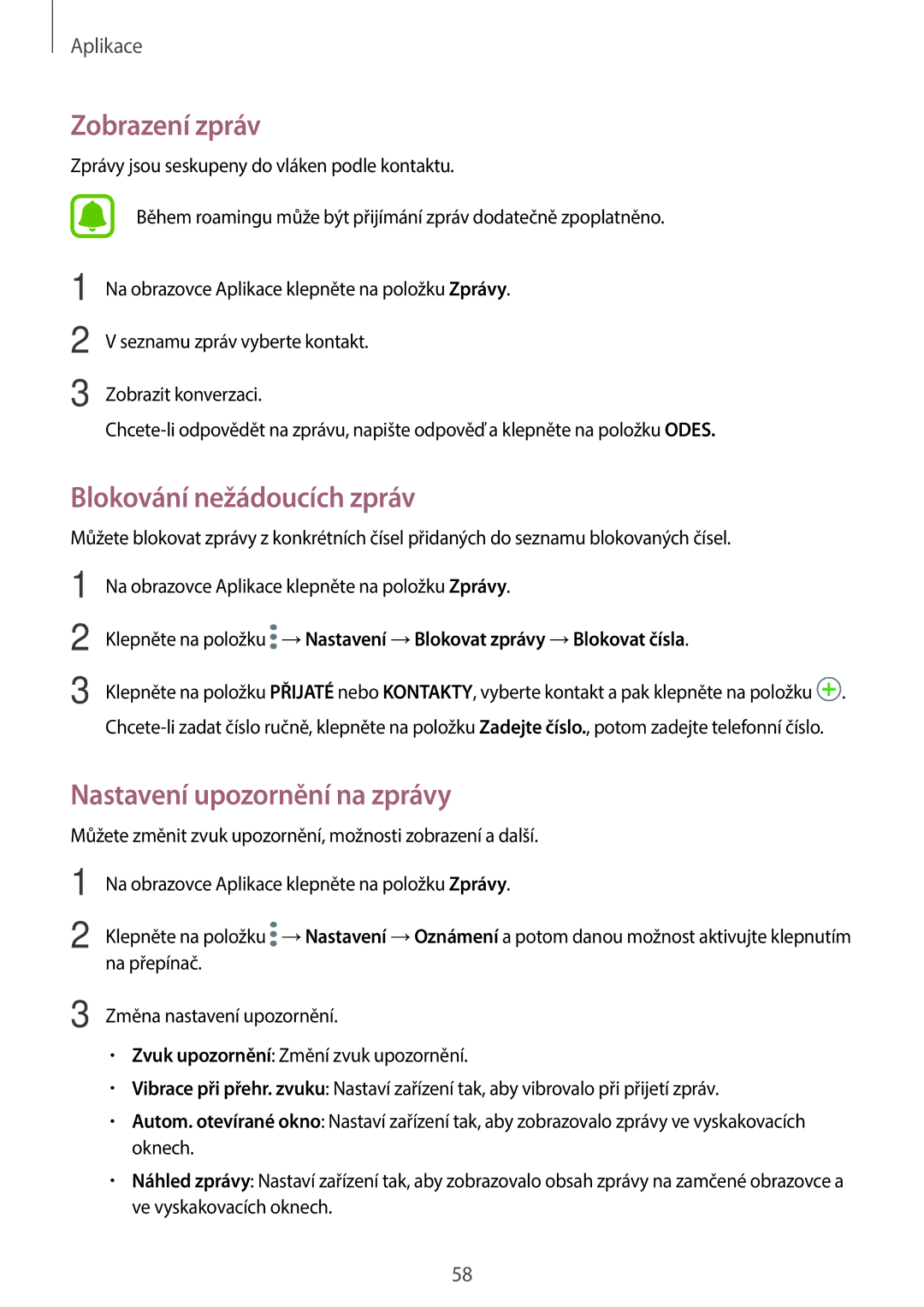 Samsung SM-A310FZKAO2C manual Zobrazení zpráv, Blokování nežádoucích zpráv, Nastavení upozornění na zprávy 