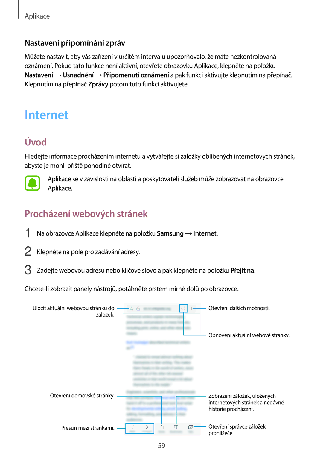 Samsung SM-A310FZKAO2C manual Internet, Procházení webových stránek, Nastavení připomínání zpráv 