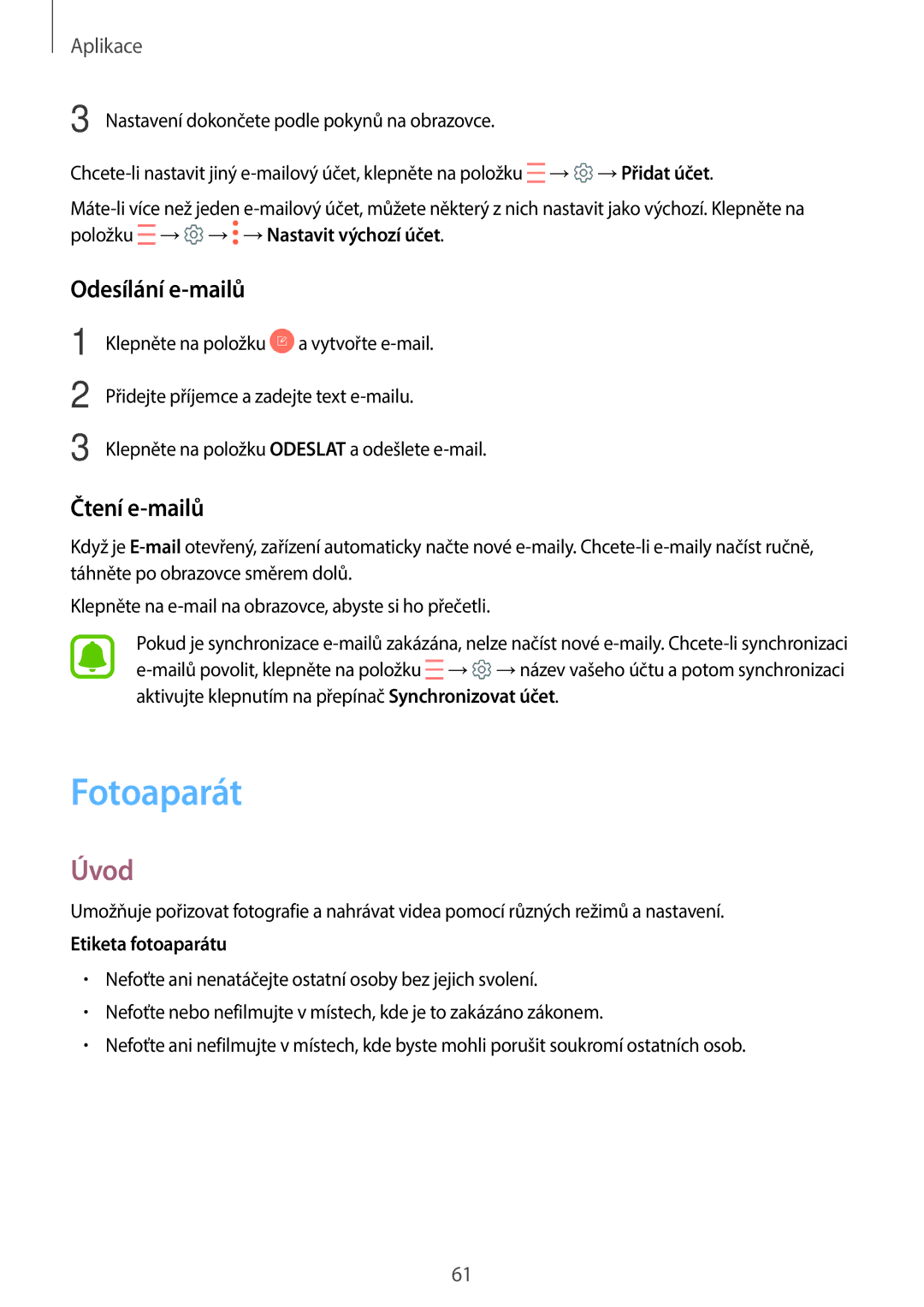 Samsung SM-A310FZKAO2C manual Fotoaparát, Odesílání e-mailů, Čtení e-mailů 