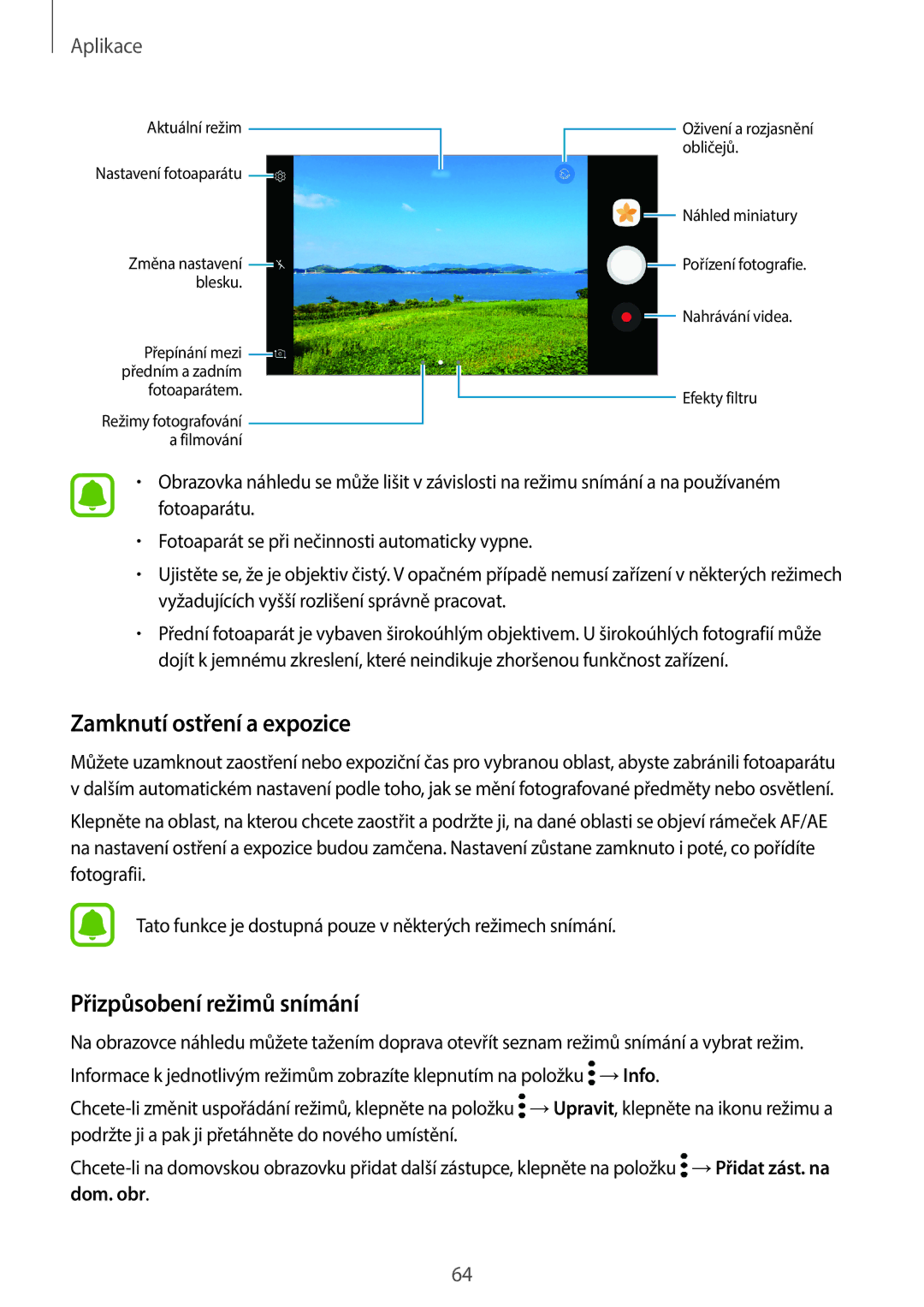 Samsung SM-A310FZKAO2C manual Zamknutí ostření a expozice, Přizpůsobení režimů snímání 