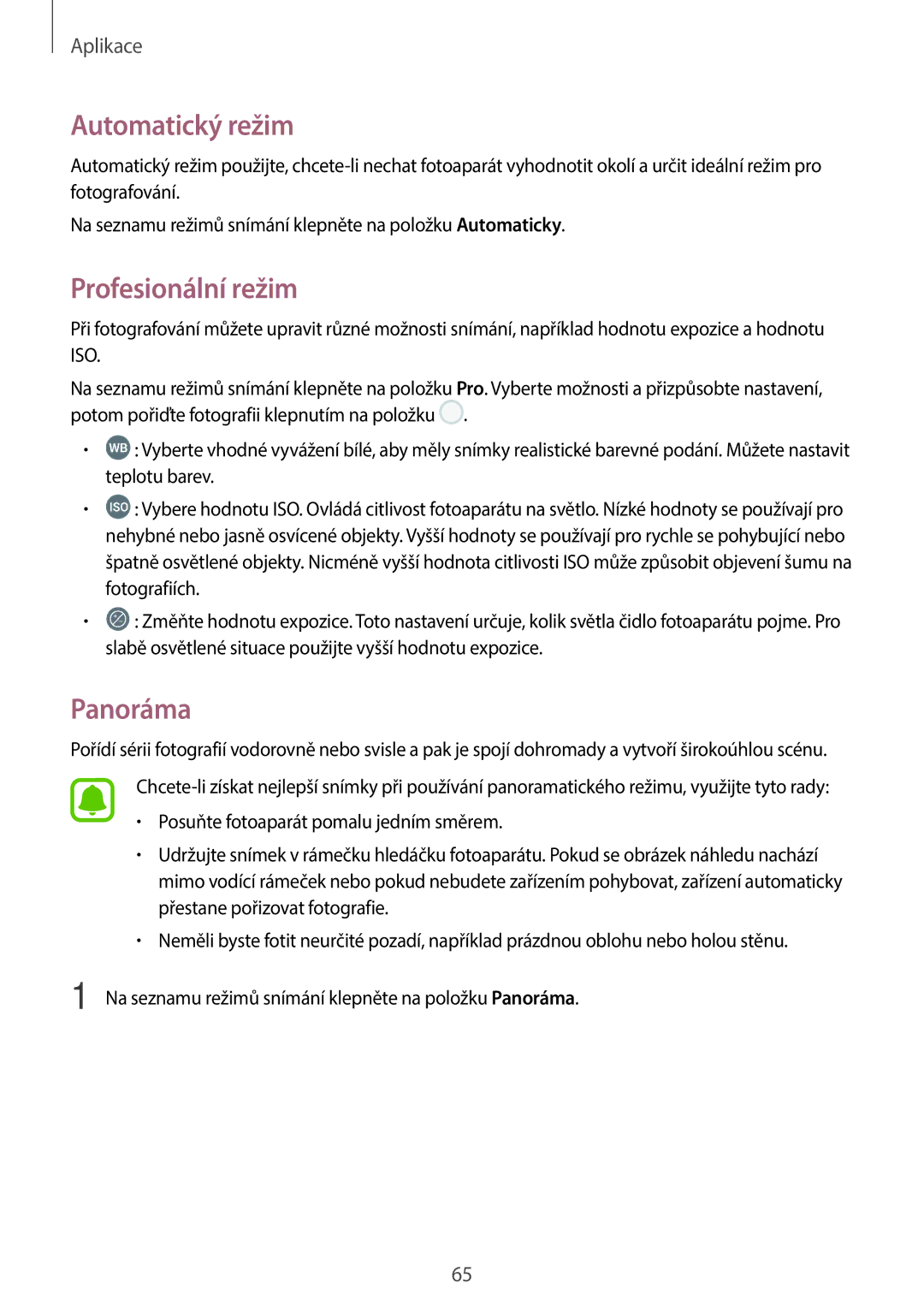 Samsung SM-A310FZKAO2C manual Automatický režim, Profesionální režim, Panoráma 