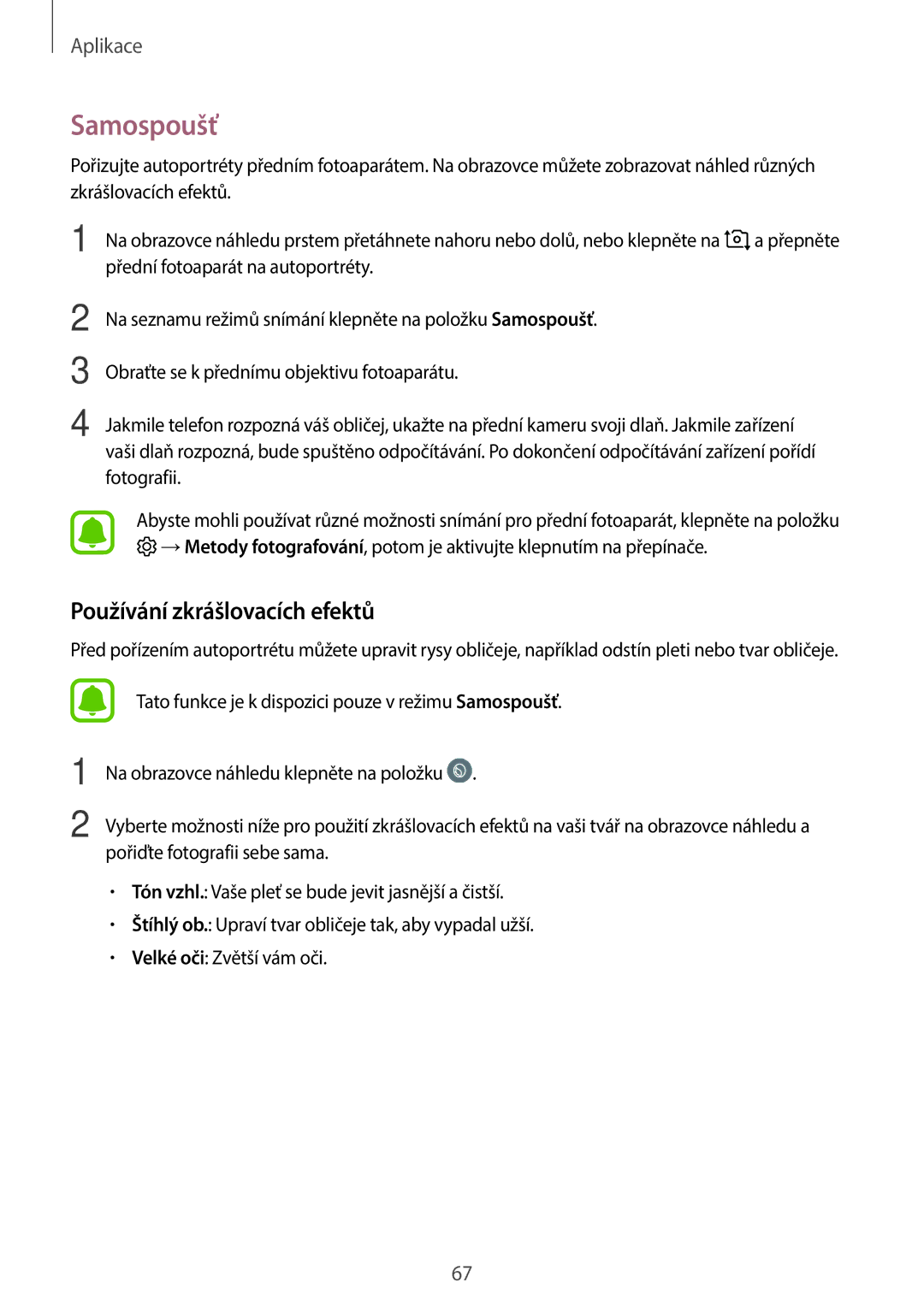 Samsung SM-A310FZKAO2C manual Samospoušť, Používání zkrášlovacích efektů 