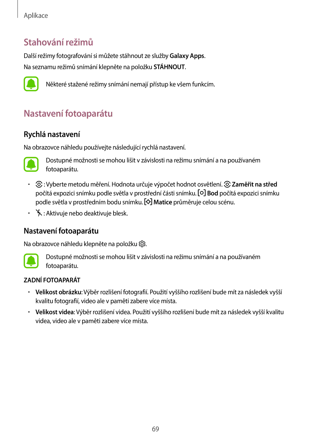 Samsung SM-A310FZKAO2C manual Stahování režimů, Nastavení fotoaparátu, Rychlá nastavení 