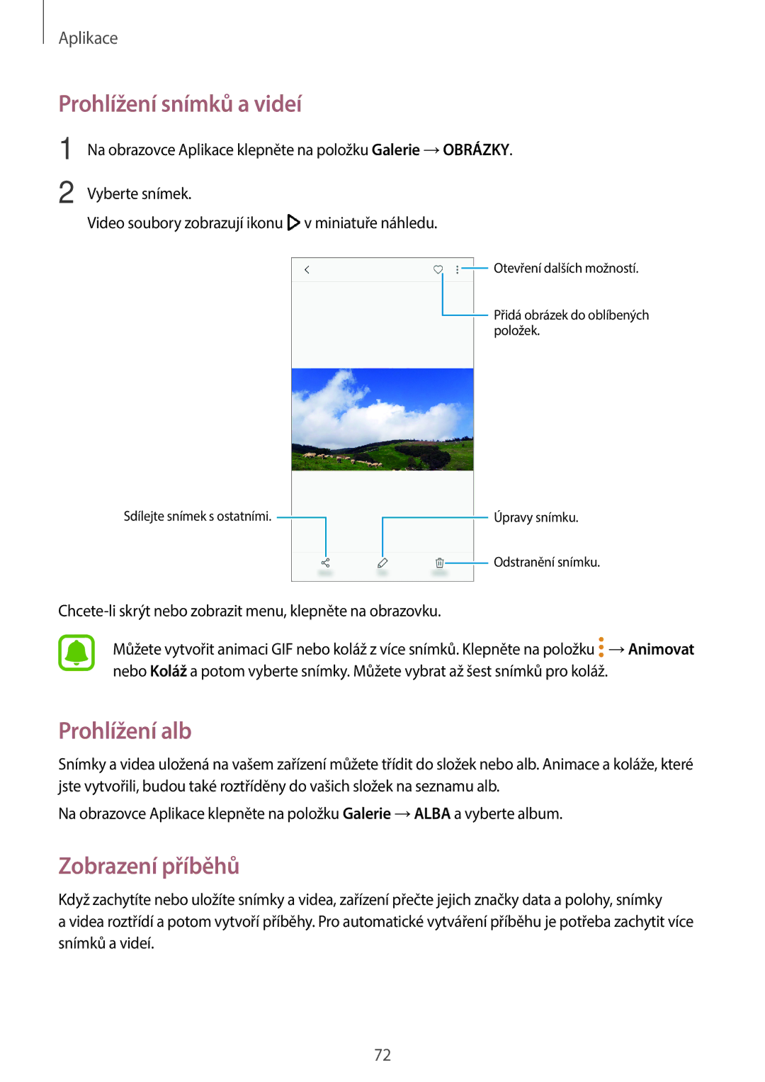 Samsung SM-A310FZKAO2C manual Prohlížení snímků a videí, Prohlížení alb, Zobrazení příběhů 