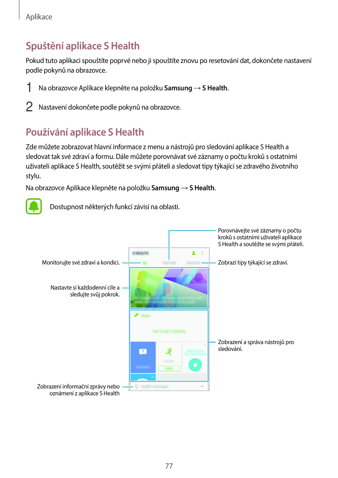 Samsung SM-A310FZKAO2C manual Spuštění aplikace S Health, Používání aplikace S Health 