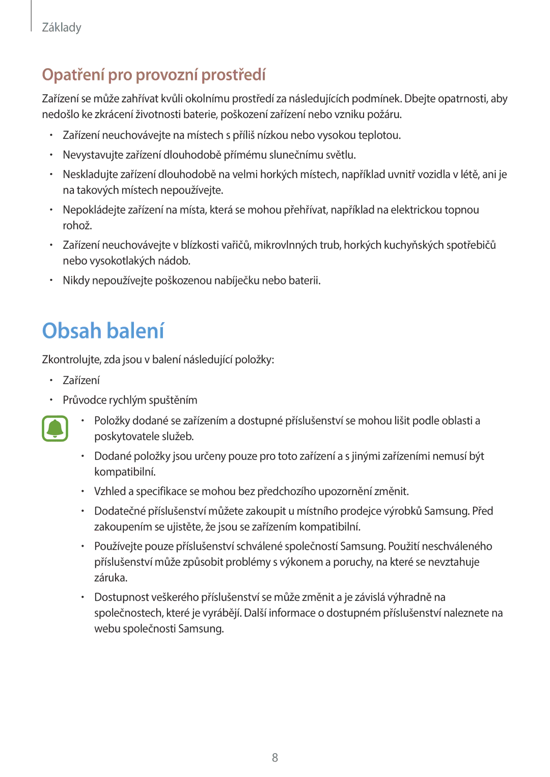 Samsung SM-A310FZKAO2C manual Obsah balení, Opatření pro provozní prostředí 