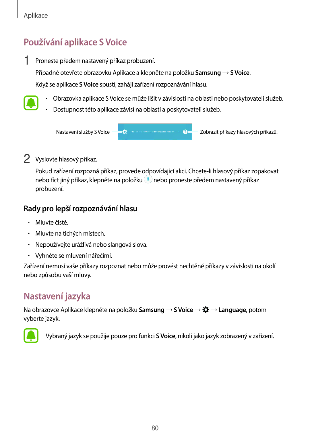 Samsung SM-A310FZKAO2C manual Používání aplikace S Voice, Nastavení jazyka, Rady pro lepší rozpoznávání hlasu 