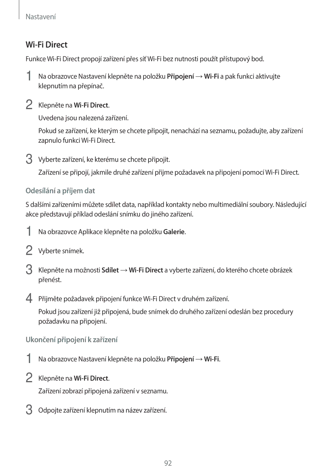 Samsung SM-A310FZKAO2C manual Wi-Fi Direct, Odesílání a příjem dat 