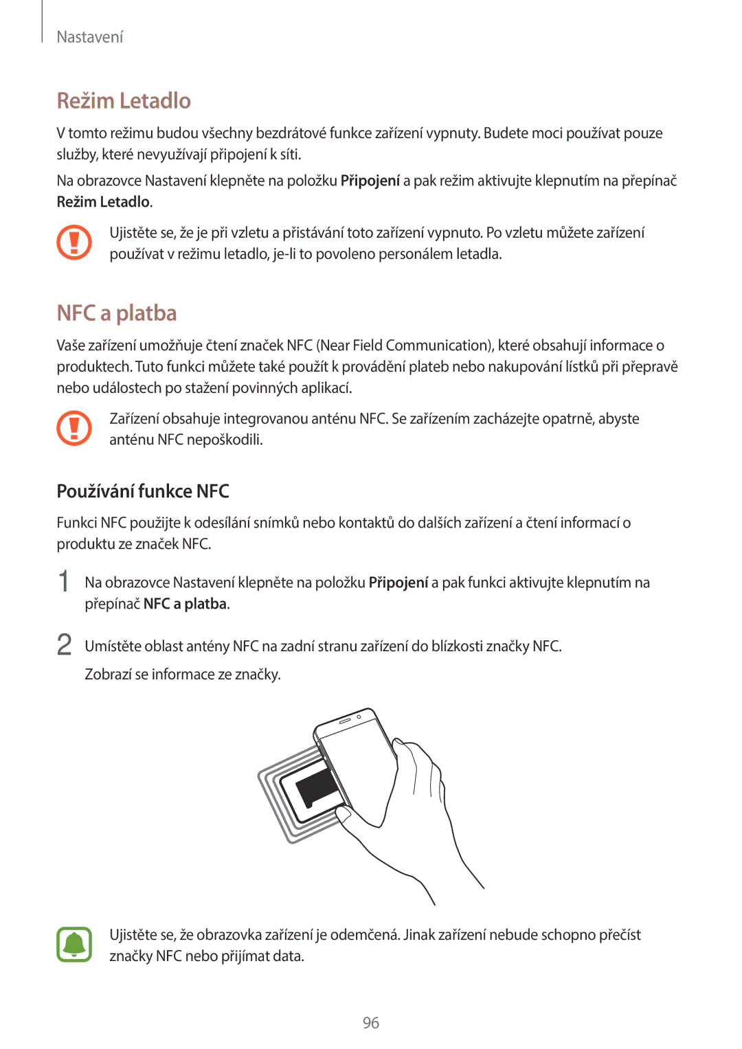 Samsung SM-A310FZKAO2C manual Režim Letadlo, NFC a platba, Používání funkce NFC 