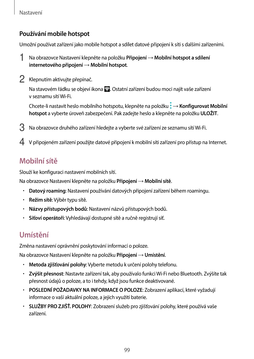 Samsung SM-A310FZKAO2C manual Mobilní sítě, Umístění, Používání mobile hotspot 