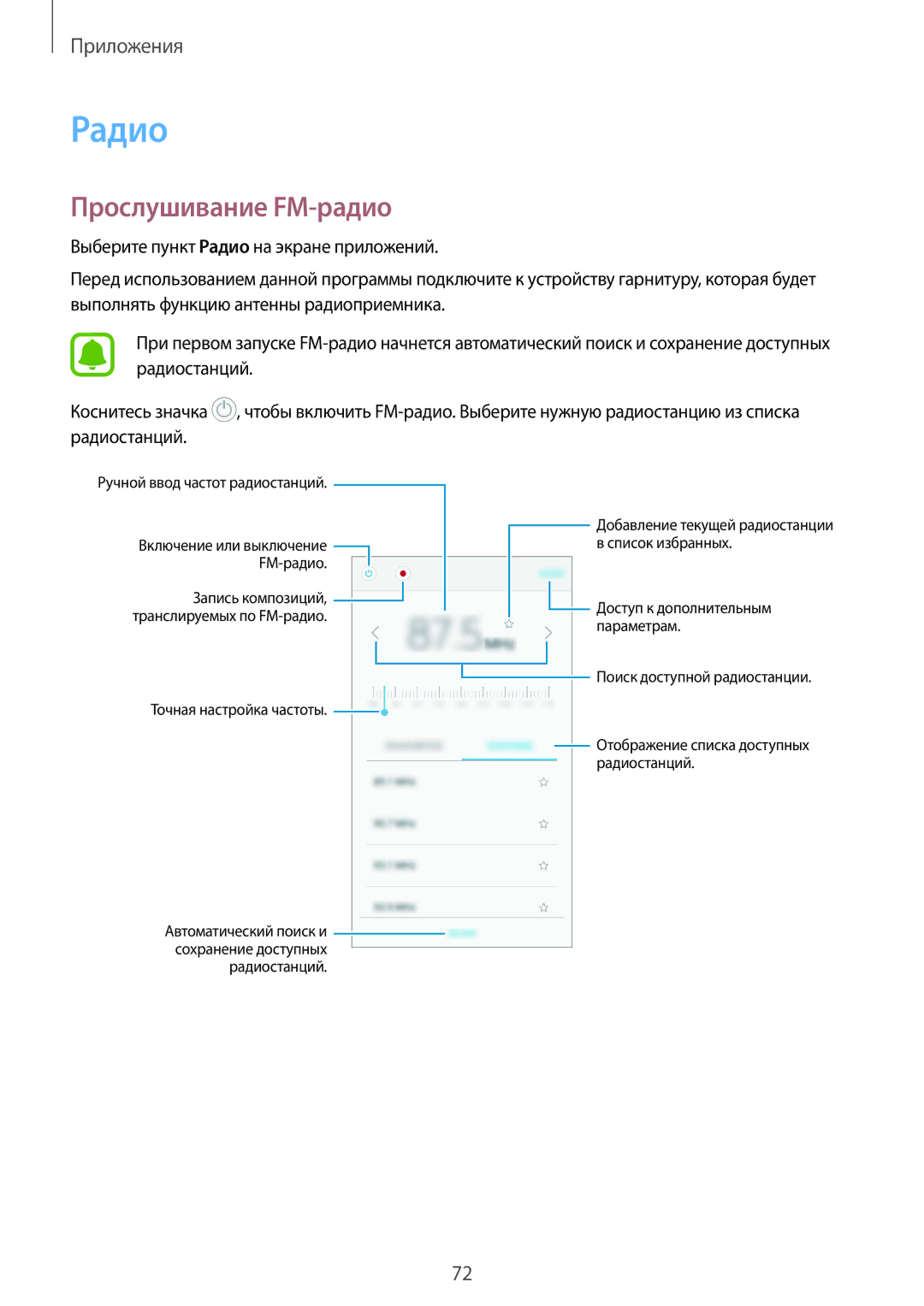 Samsung SM-A310FZKASEB, SM-A310FZDASEB, SM-A310FZKDSER, SM-A310FZWDSER, SM-A310FEDDSER manual Радио, Прослушивание FM-радио 