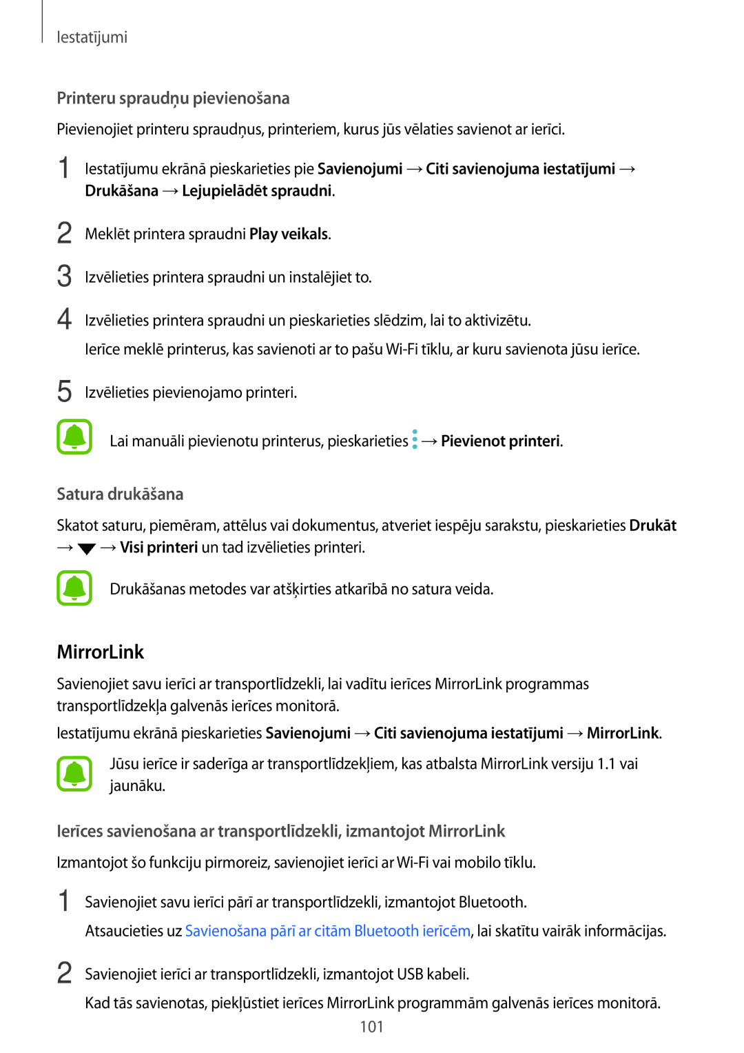 Samsung SM-A310FZDASEB, SM-A310FZKASEB manual MirrorLink, Printeru spraudņu pievienošana 