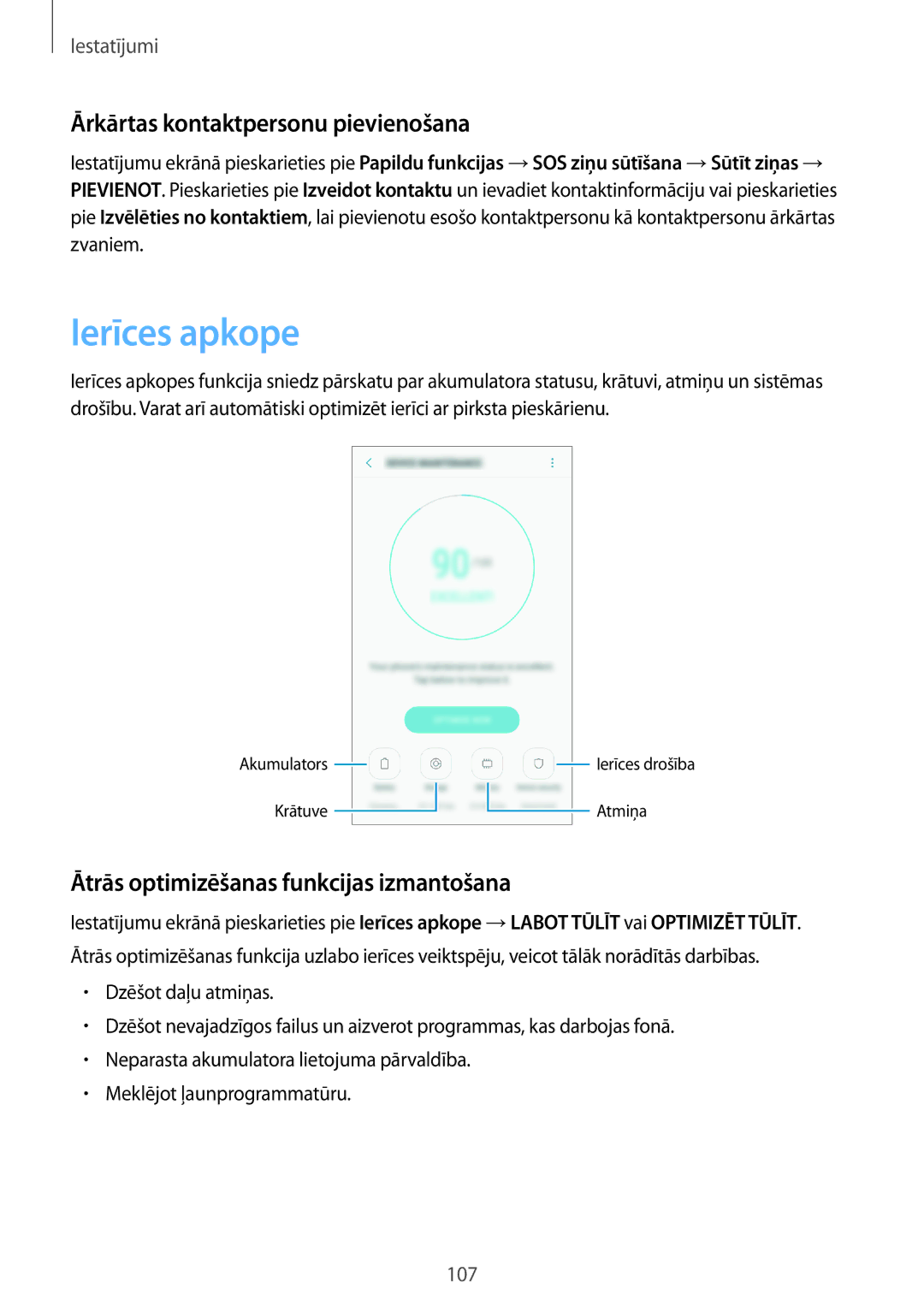 Samsung SM-A310FZDASEB Ierīces apkope, Ārkārtas kontaktpersonu pievienošana, Ātrās optimizēšanas funkcijas izmantošana 