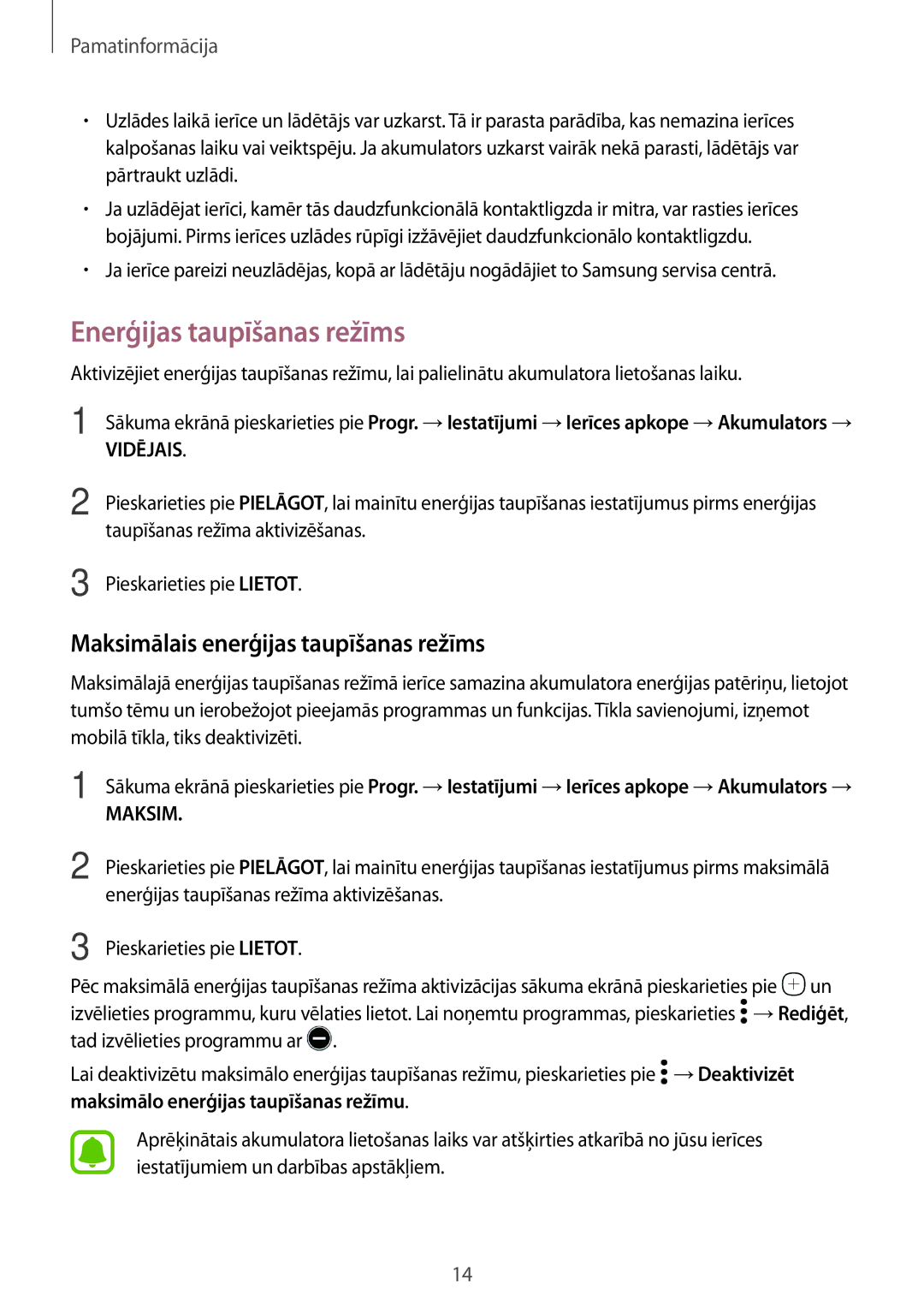 Samsung SM-A310FZKASEB, SM-A310FZDASEB manual Enerģijas taupīšanas režīms, Maksimālais enerģijas taupīšanas režīms 