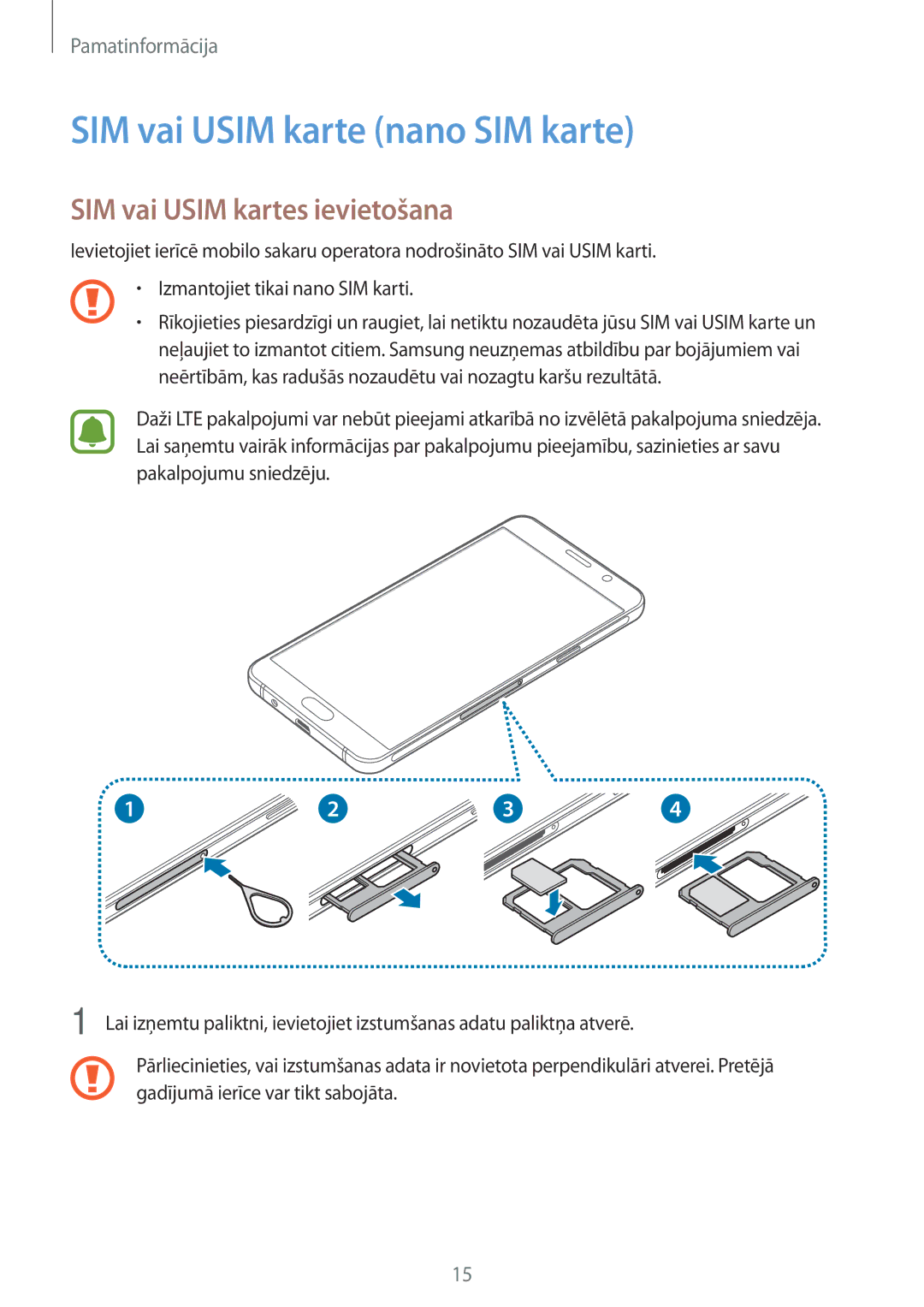 Samsung SM-A310FZDASEB, SM-A310FZKASEB manual SIM vai Usim karte nano SIM karte, SIM vai Usim kartes ievietošana 