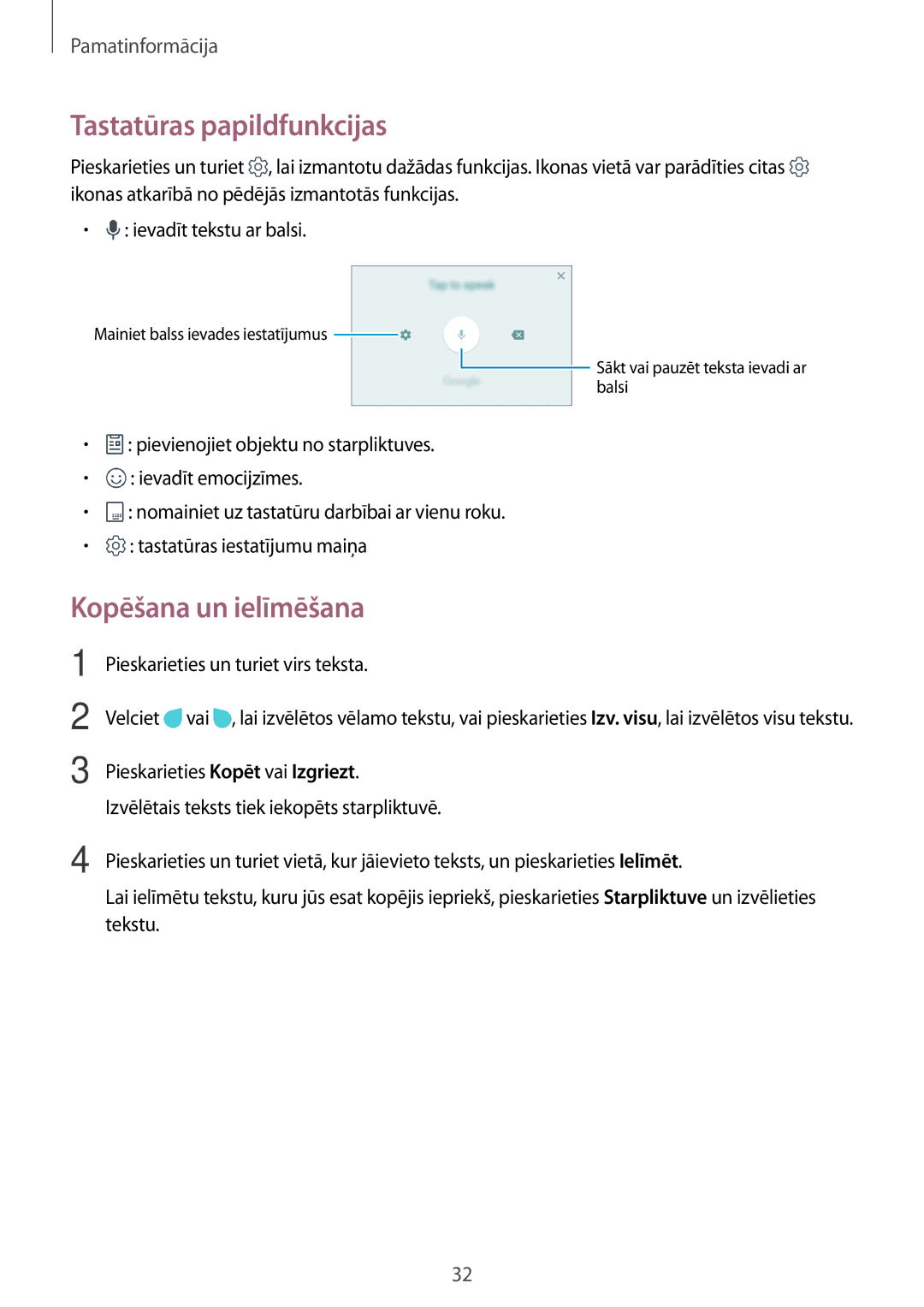 Samsung SM-A310FZKASEB manual Tastatūras papildfunkcijas, Kopēšana un ielīmēšana, Pieskarieties un turiet virs teksta 