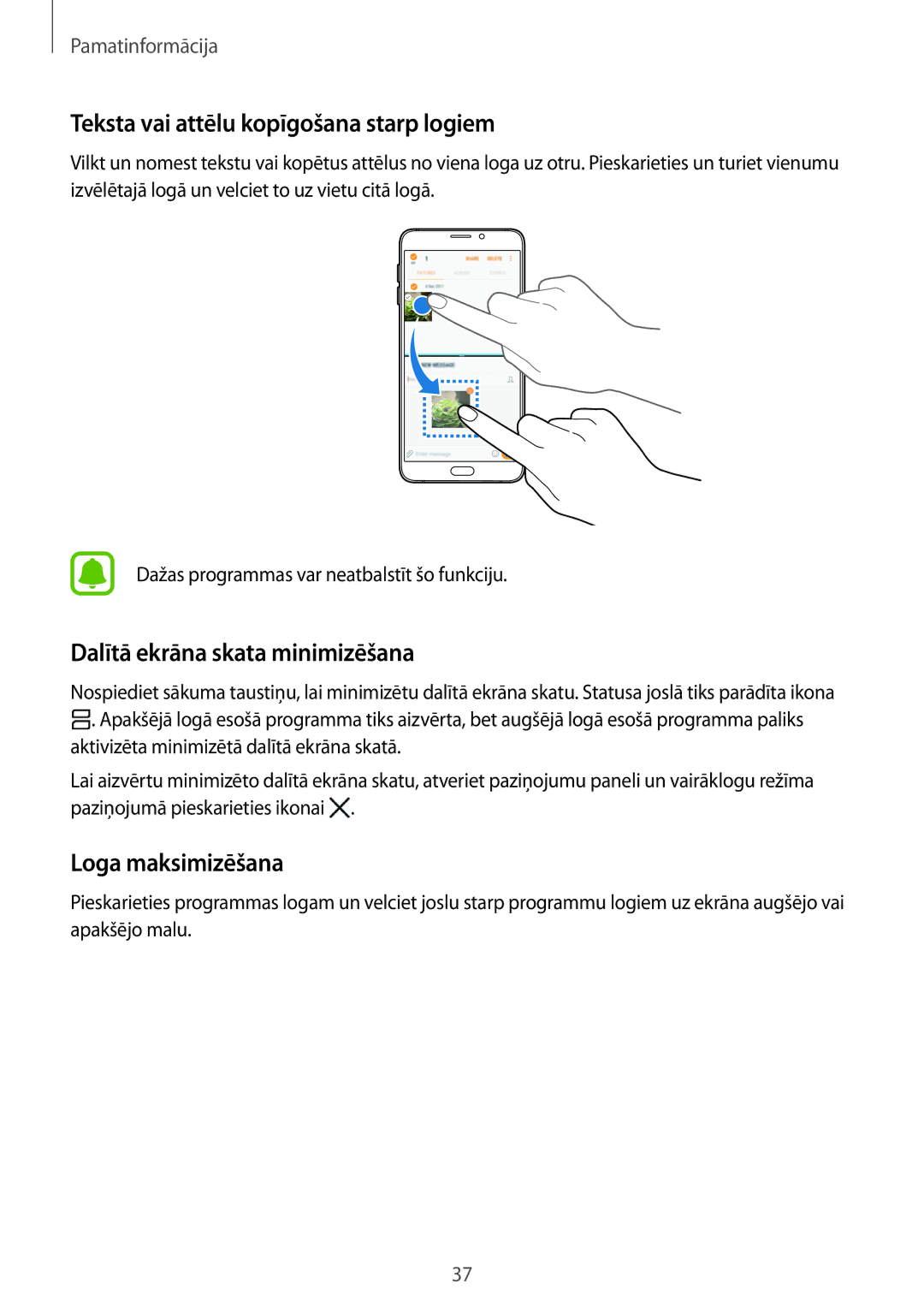 Samsung SM-A310FZDASEB Teksta vai attēlu kopīgošana starp logiem, Dalītā ekrāna skata minimizēšana, Loga maksimizēšana 