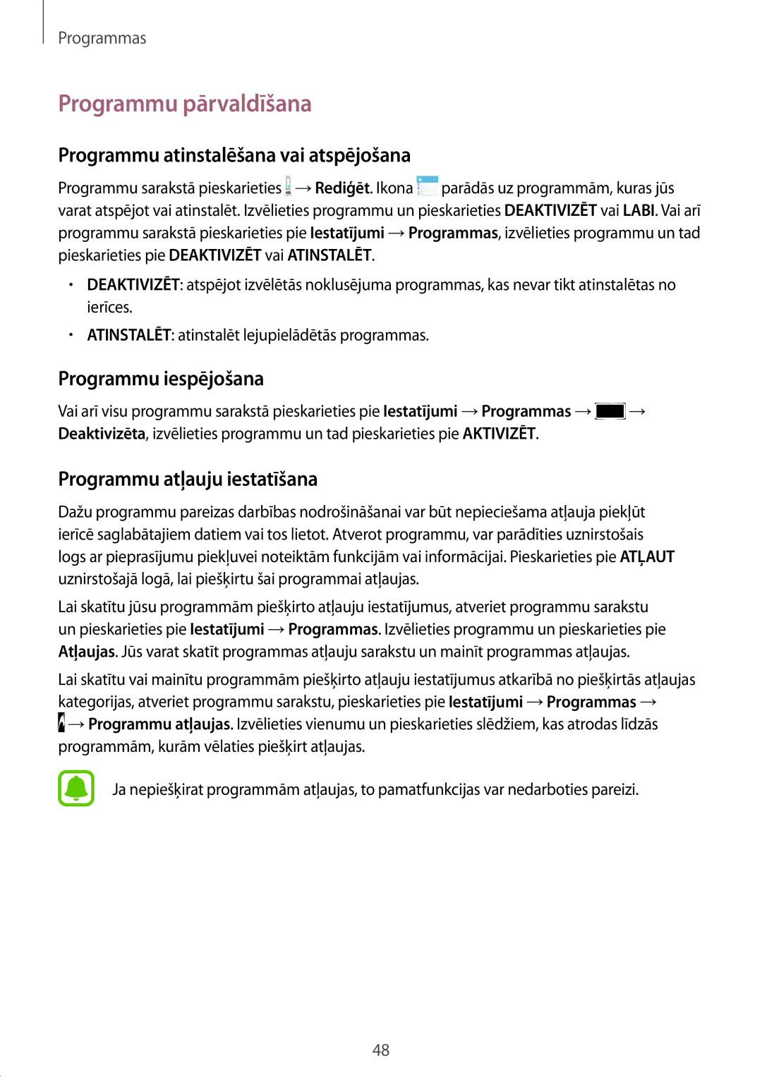 Samsung SM-A310FZKASEB manual Programmu pārvaldīšana, Programmu atinstalēšana vai atspējošana, Programmu iespējošana 