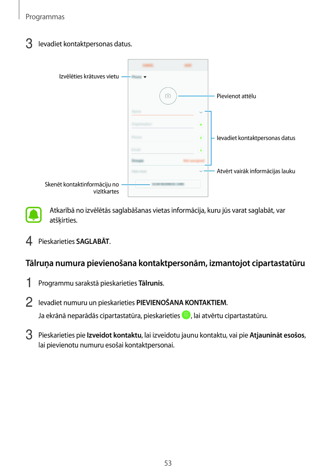 Samsung SM-A310FZDASEB, SM-A310FZKASEB manual Ievadiet kontaktpersonas datus 