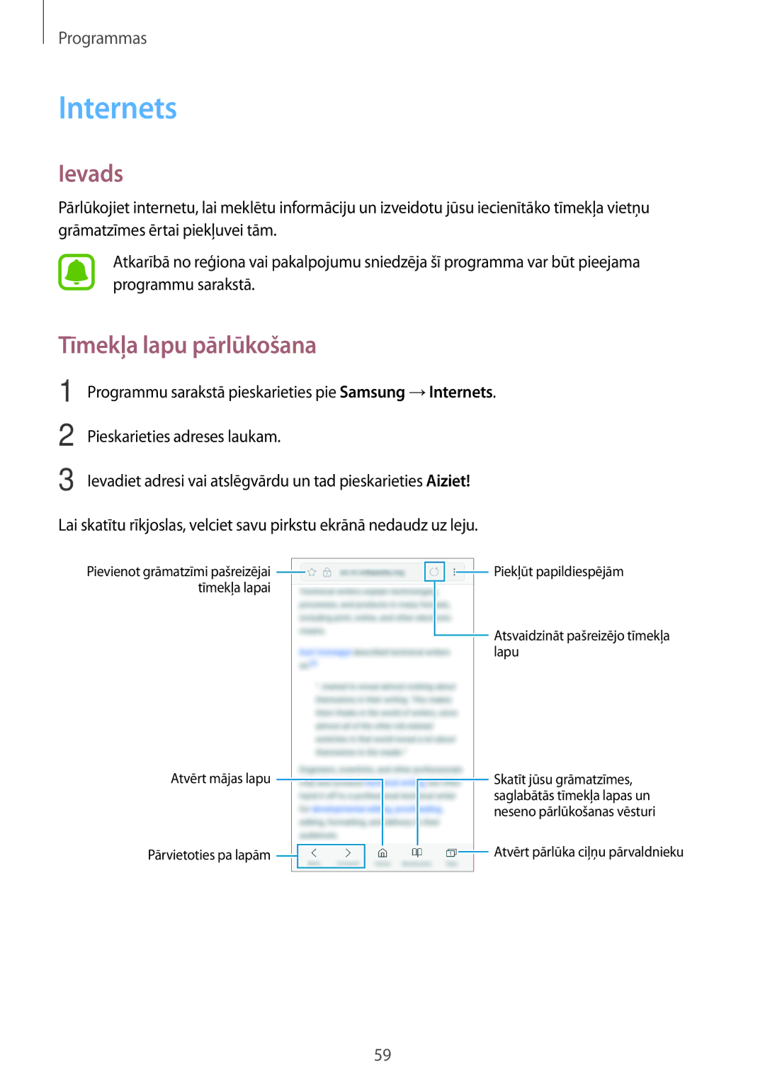 Samsung SM-A310FZDASEB, SM-A310FZKASEB manual Internets, Tīmekļa lapu pārlūkošana 