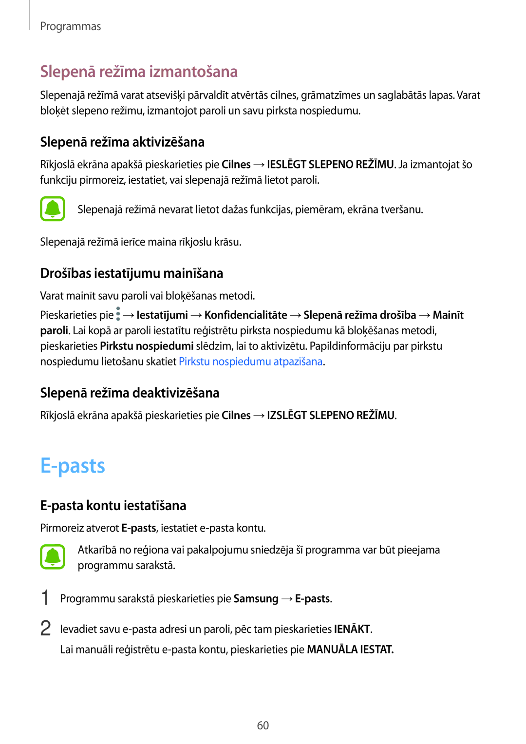 Samsung SM-A310FZKASEB, SM-A310FZDASEB manual Pasts, Slepenā režīma izmantošana 