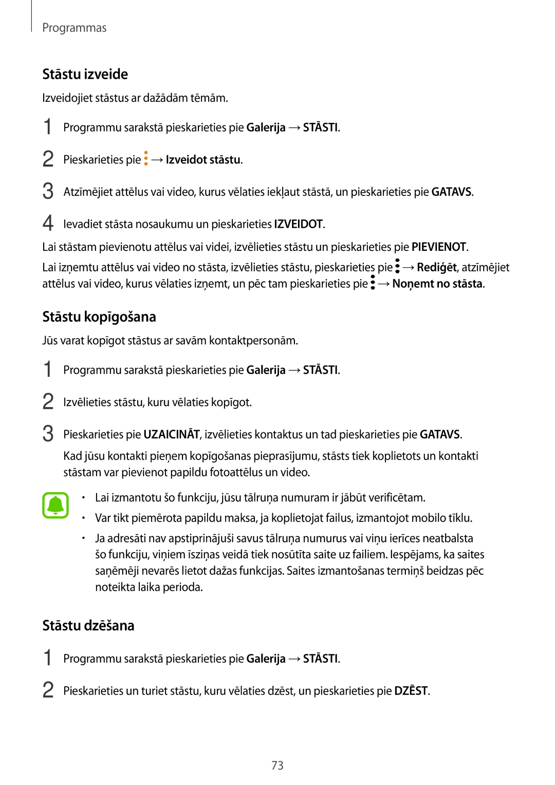 Samsung SM-A310FZDASEB, SM-A310FZKASEB manual Stāstu izveide, Stāstu kopīgošana, Stāstu dzēšana 